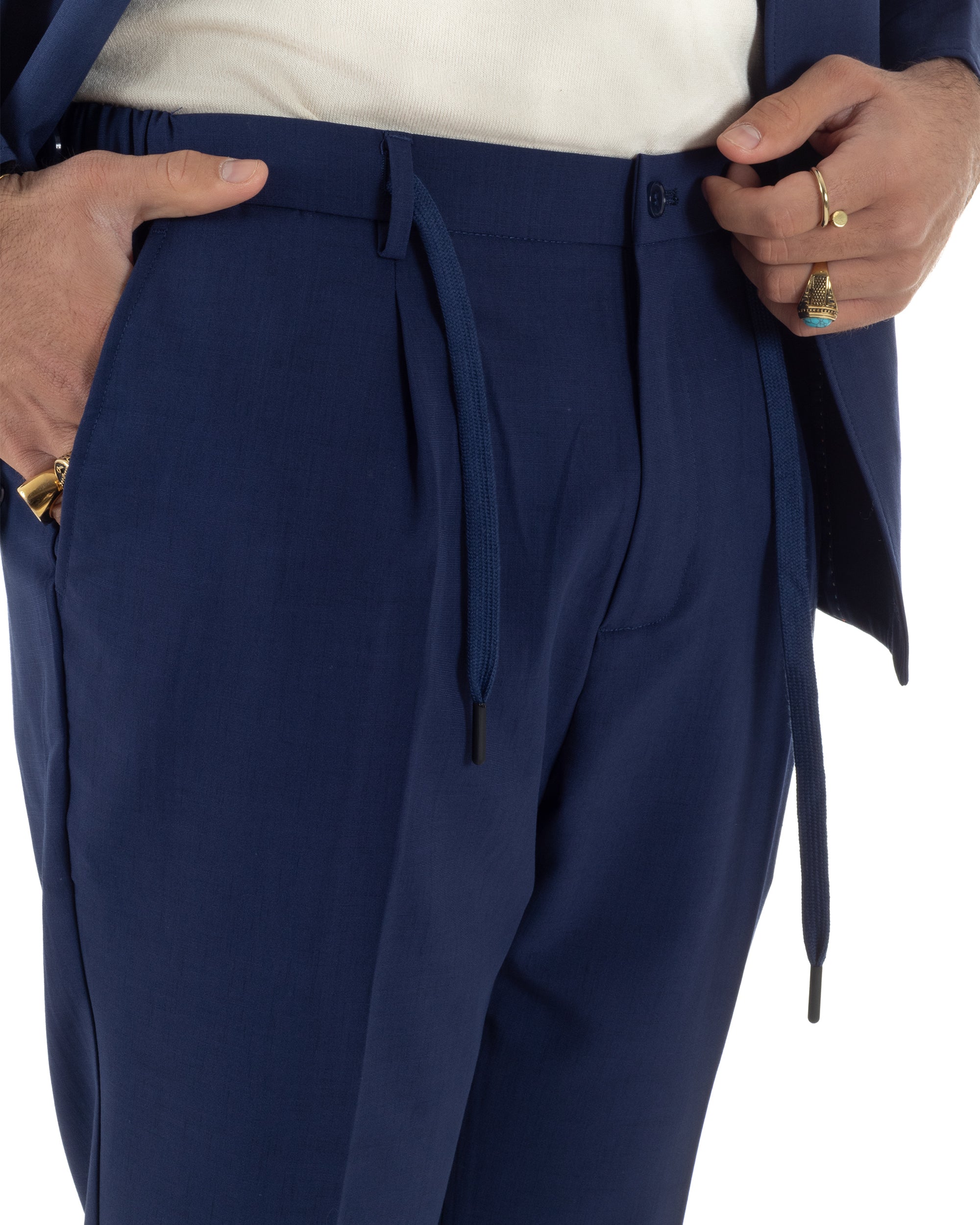 Vestito uomo viscosa completo giacca camicia sahariana pantaloni blu GIOSAL-AE1242A