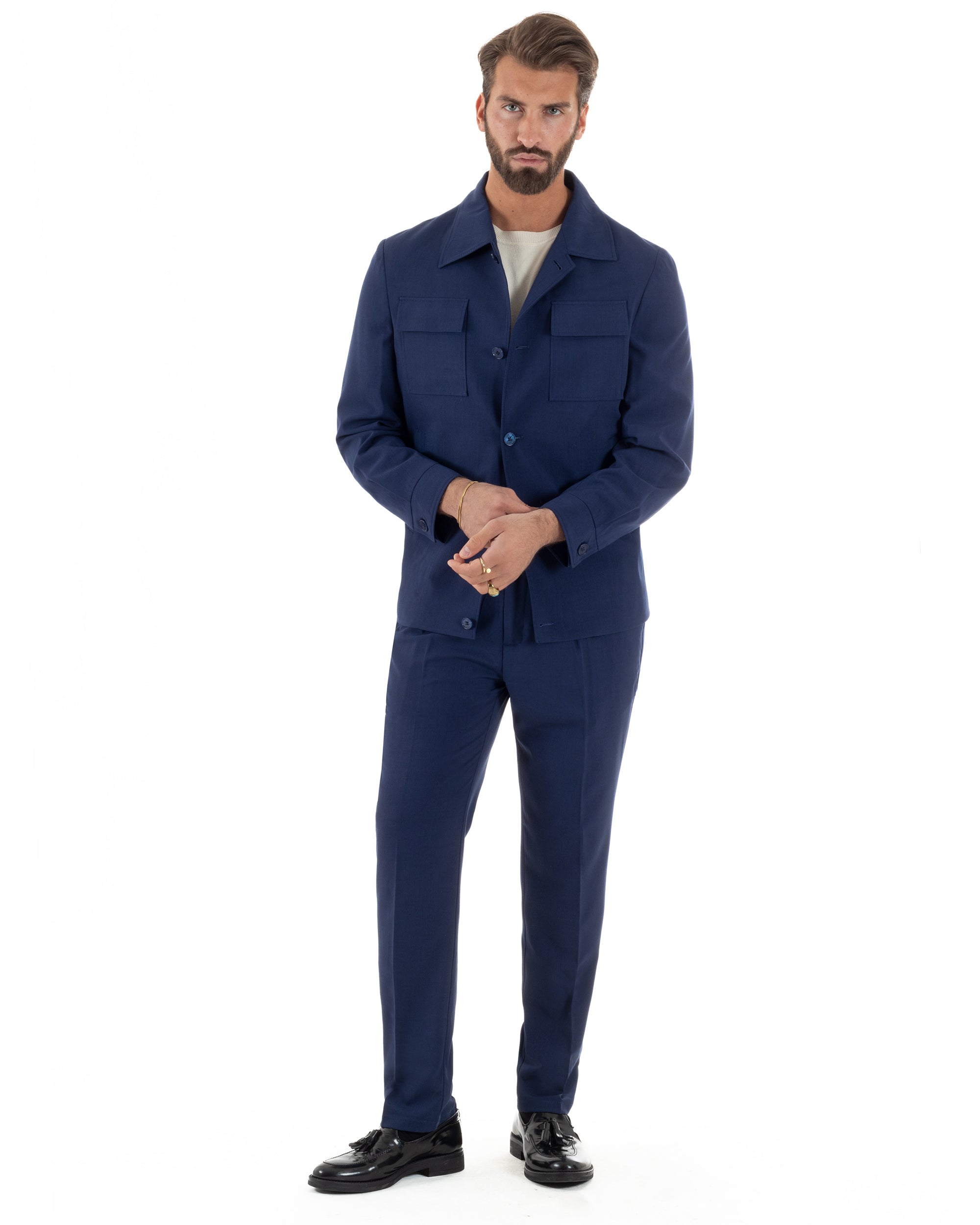 Vestito uomo viscosa completo giacca camicia sahariana pantaloni blu GIOSAL-AE1242A