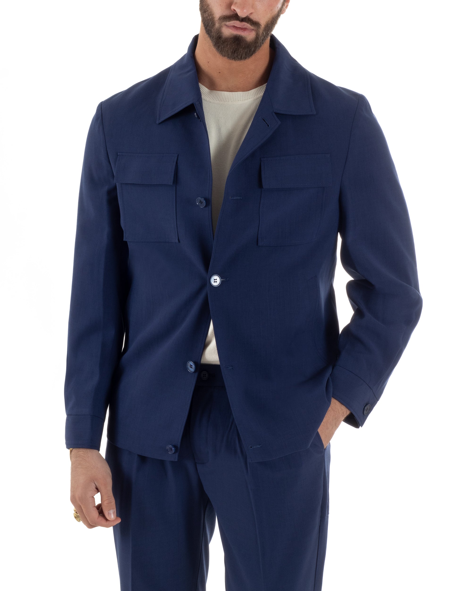 Vestito uomo viscosa completo giacca camicia sahariana pantaloni blu GIOSAL-AE1242A