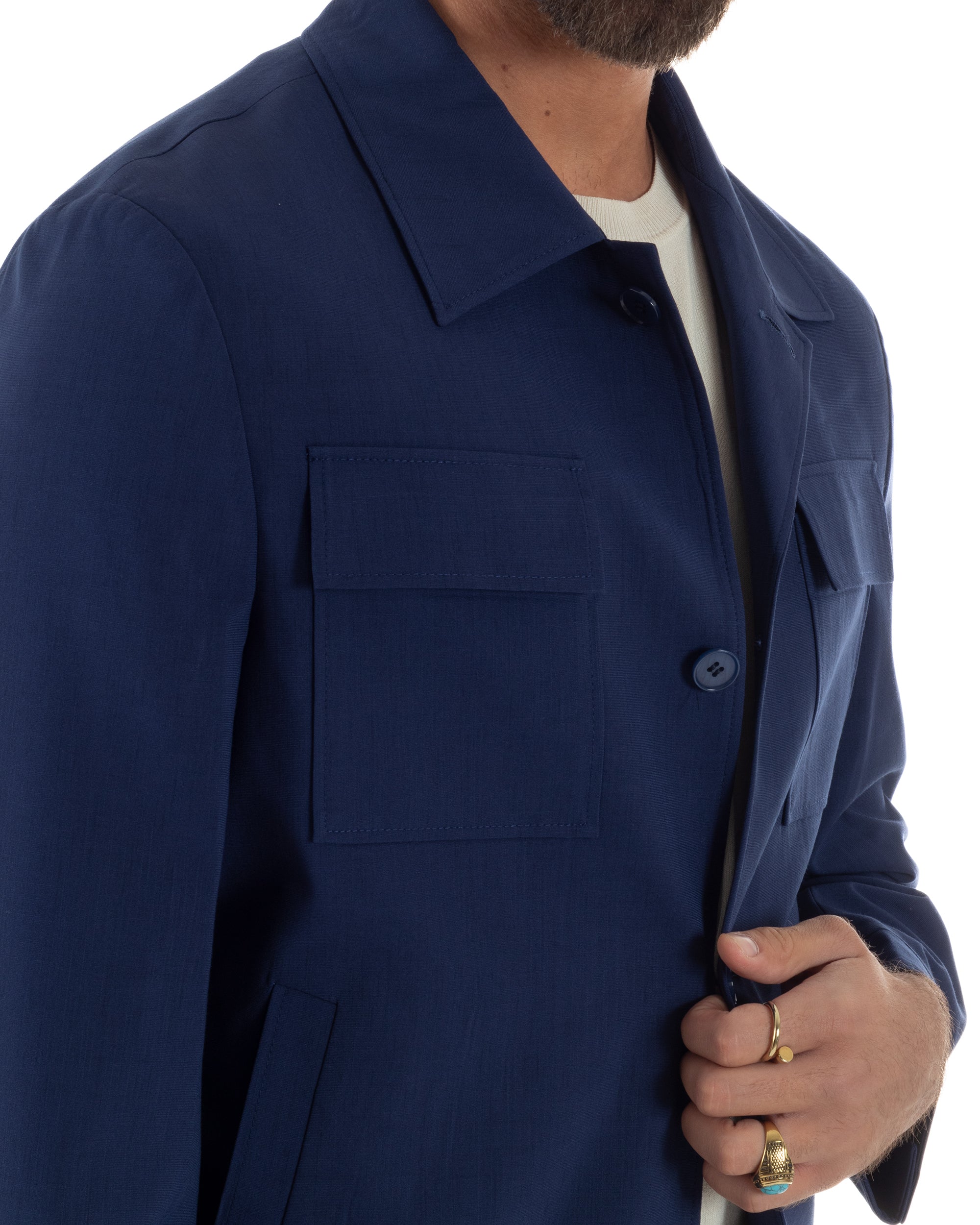 Vestito uomo viscosa completo giacca camicia sahariana pantaloni blu GIOSAL-AE1242A