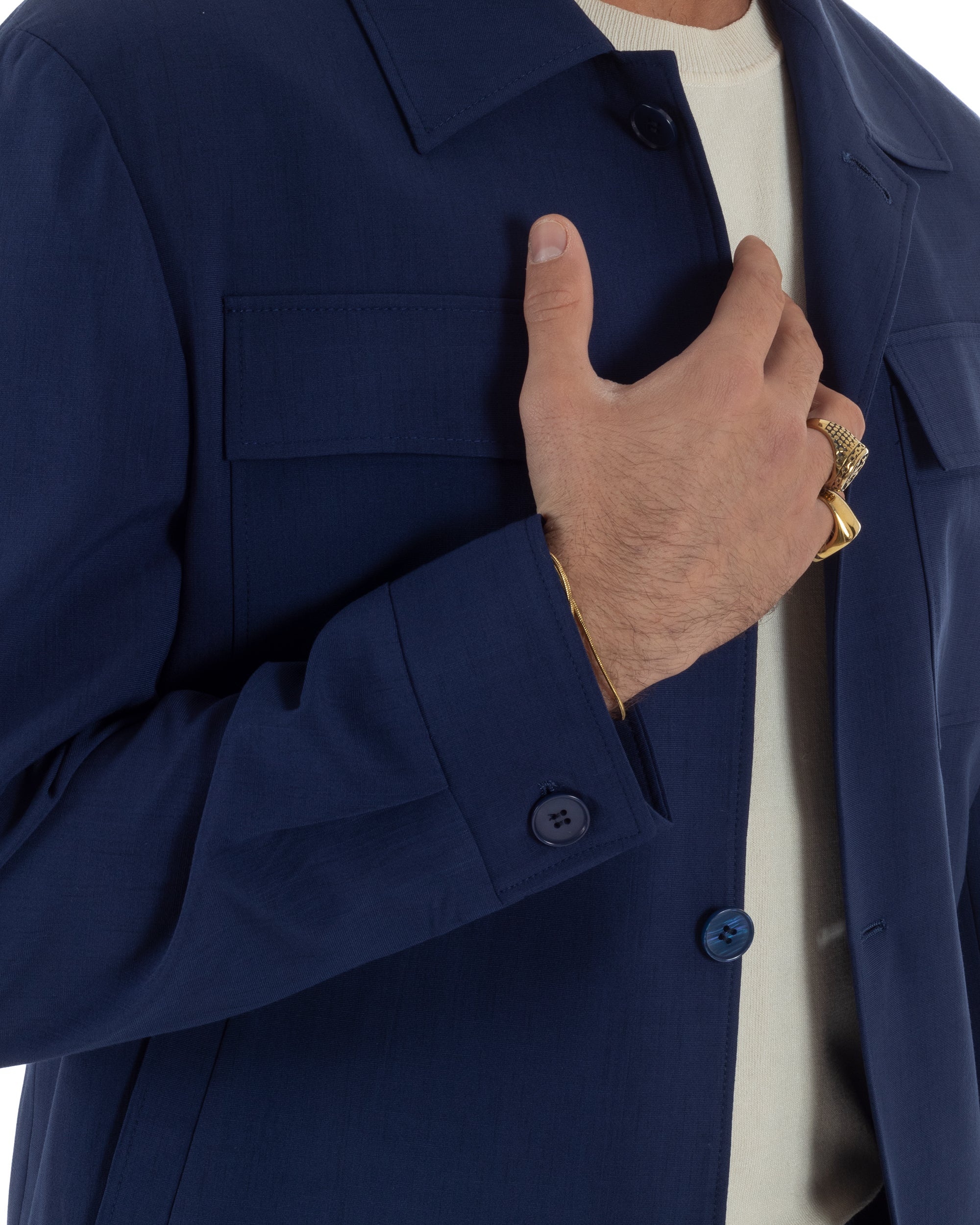 Vestito uomo viscosa completo giacca camicia sahariana pantaloni blu GIOSAL-AE1242A