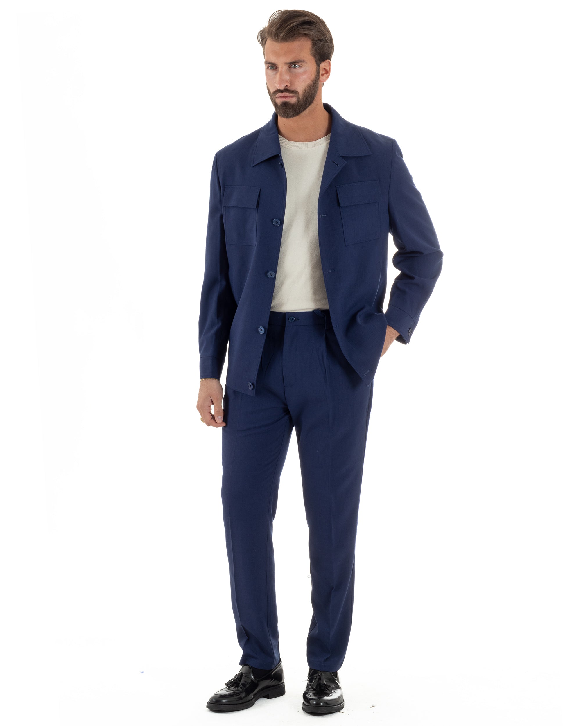 Vestito uomo viscosa completo giacca camicia sahariana pantaloni blu GIOSAL-AE1242A