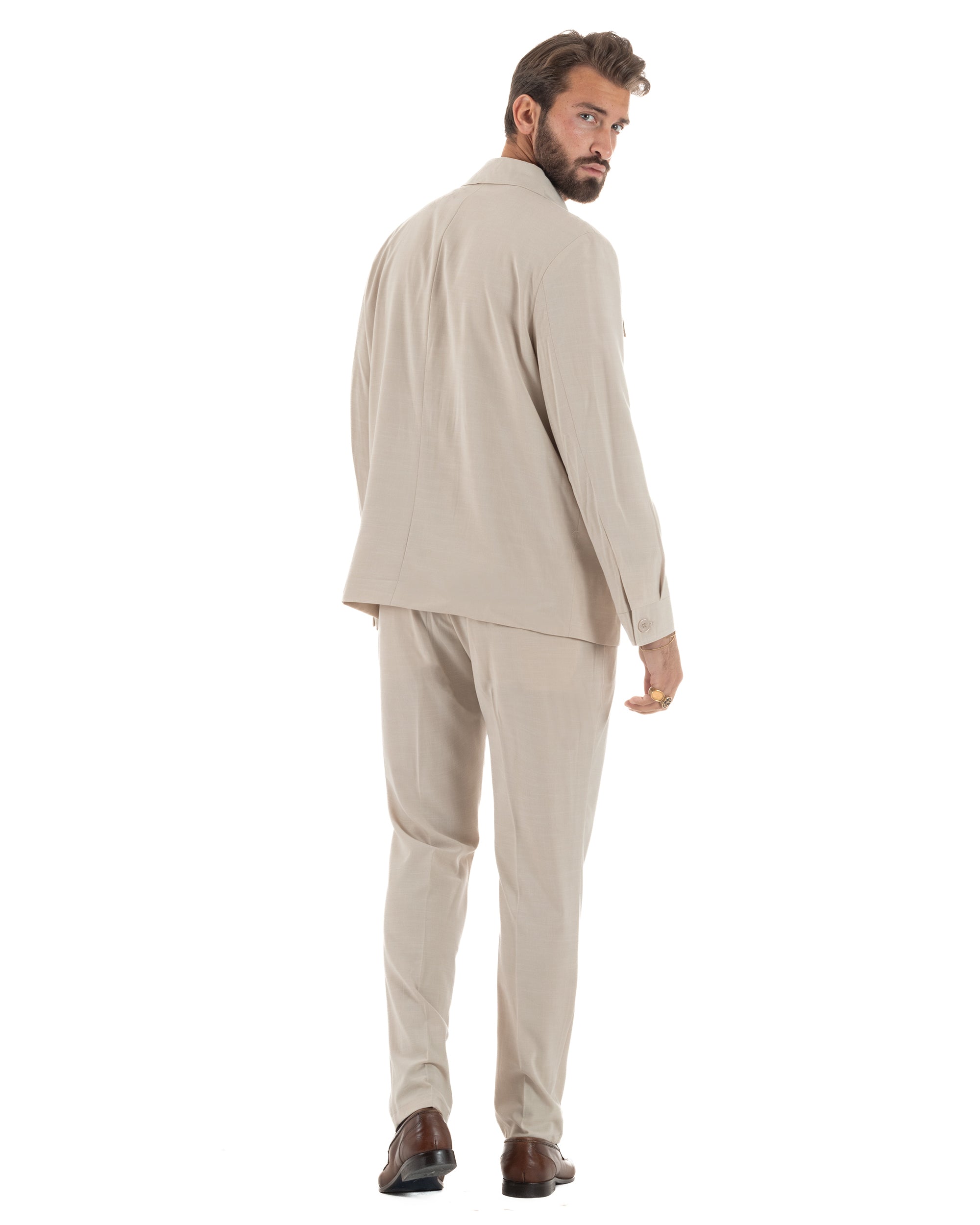 Vestito uomo viscosa completo giacca camicia sahariana pantaloni beige GIOSAL-AE1243A