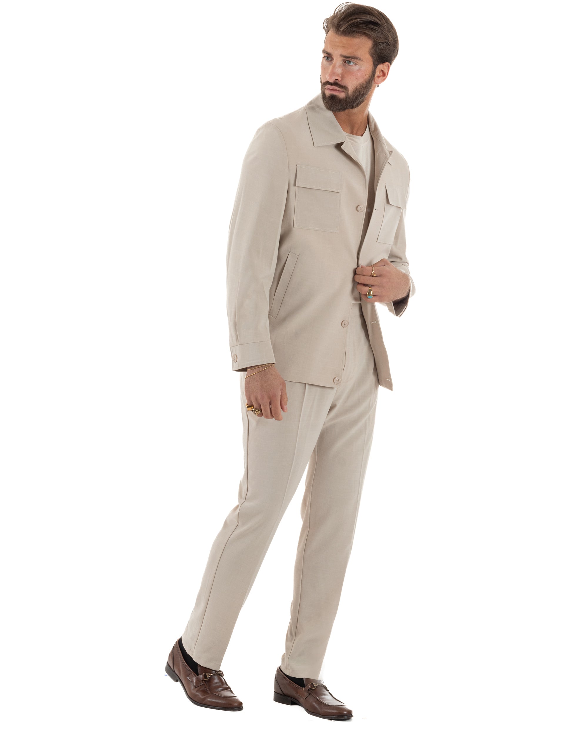 Vestito uomo viscosa completo giacca camicia sahariana pantaloni beige GIOSAL-AE1243A