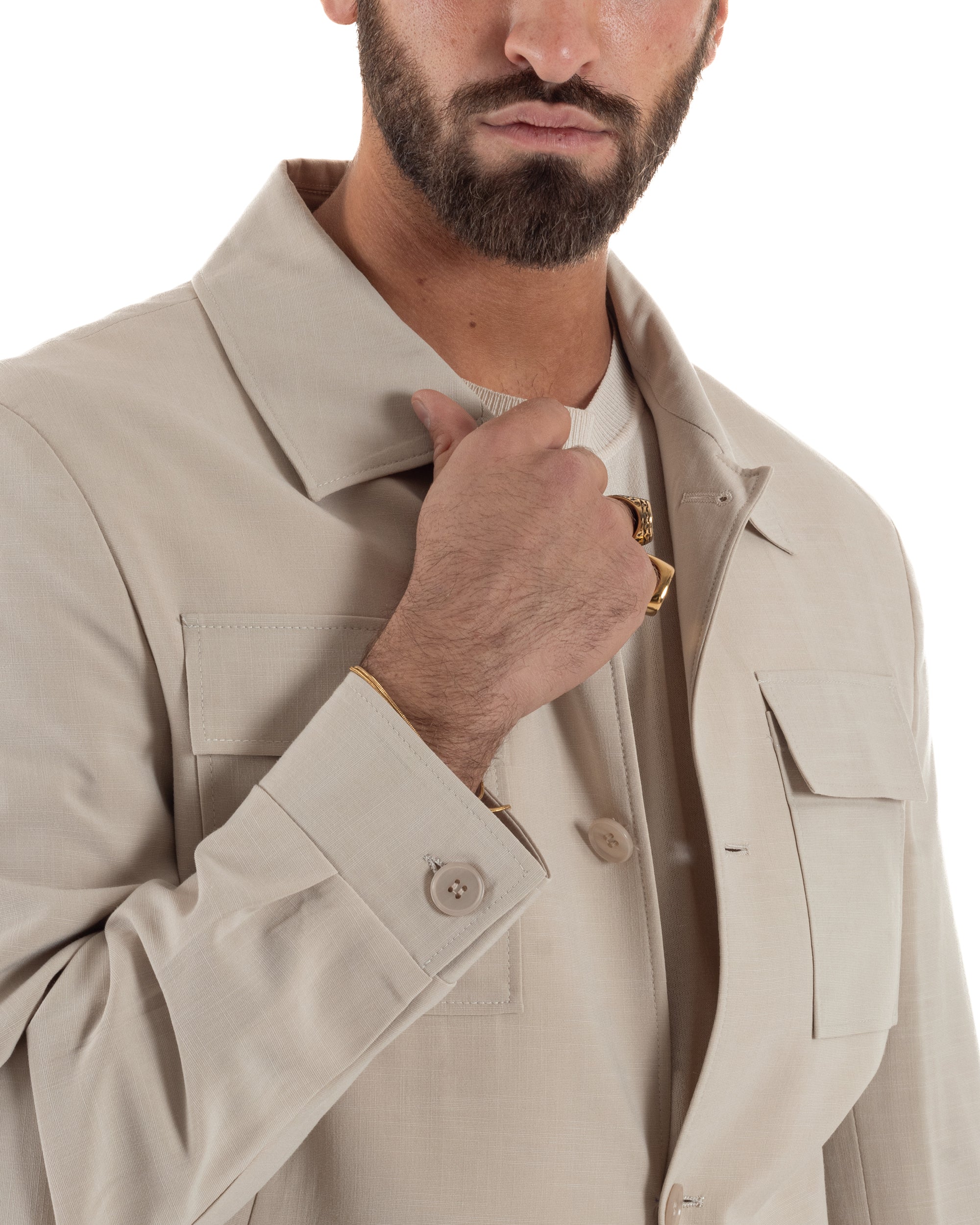 Vestito uomo viscosa completo giacca camicia sahariana pantaloni beige GIOSAL-AE1243A