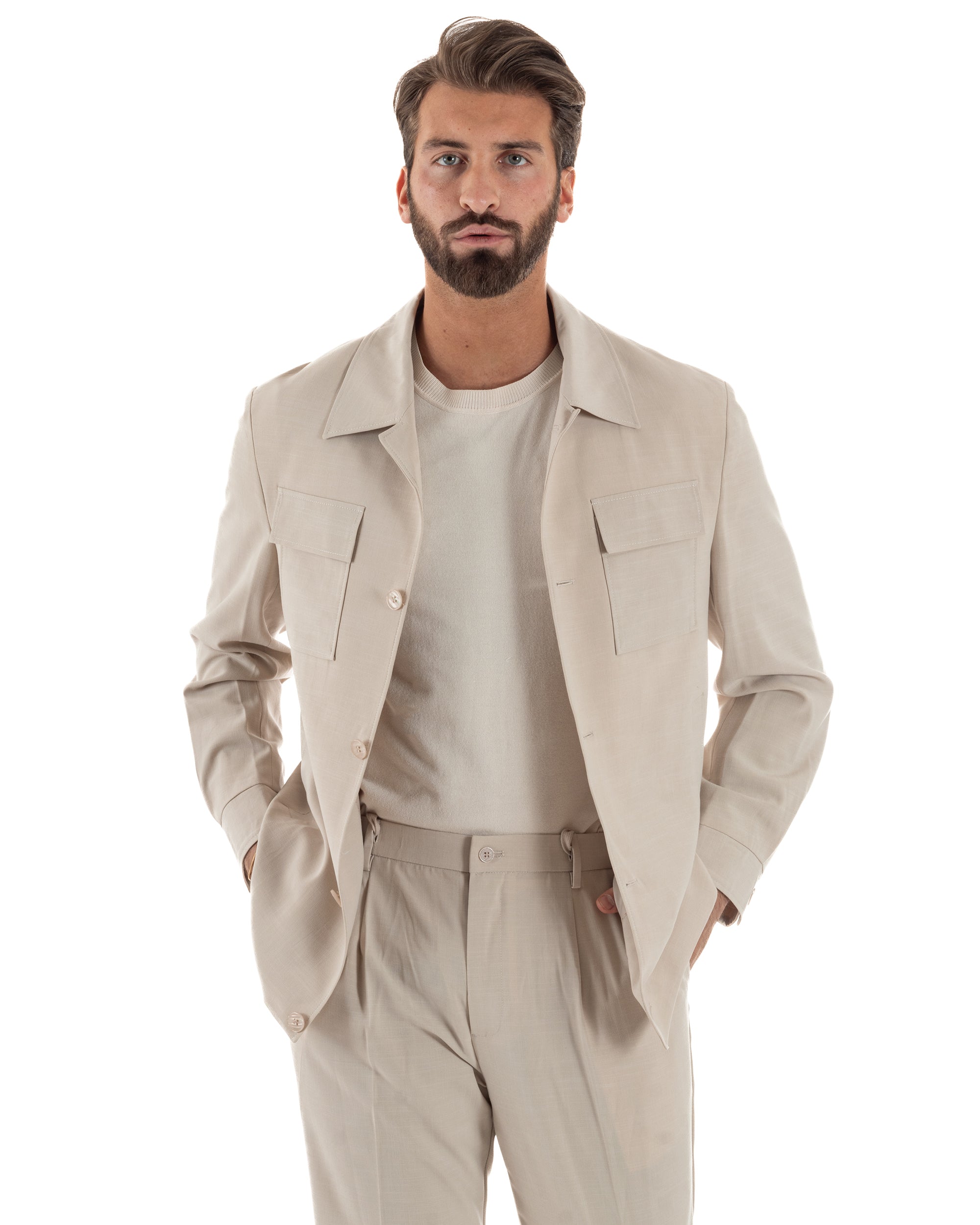 Vestito uomo viscosa completo giacca camicia sahariana pantaloni beige GIOSAL-AE1243A