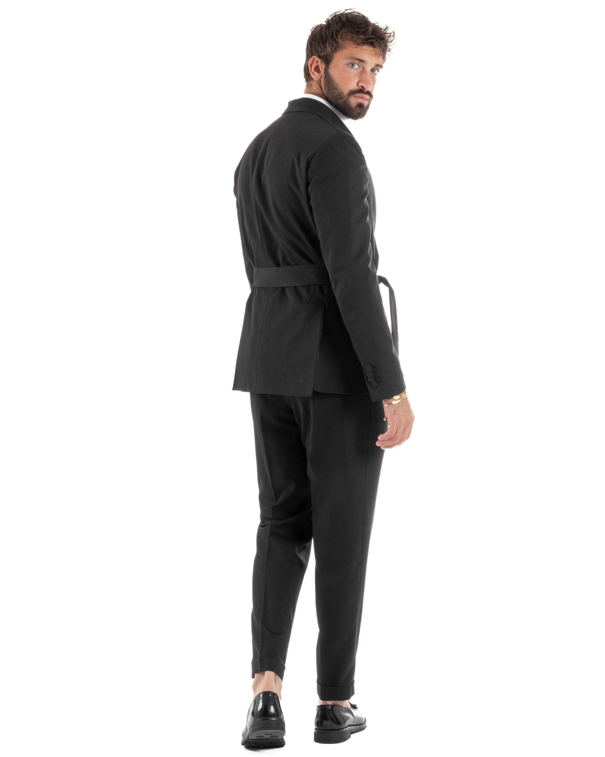 Abito uomo completo doppiopetto rever scialle cintura pantaloni pinces nero BlackSunday AE1245A