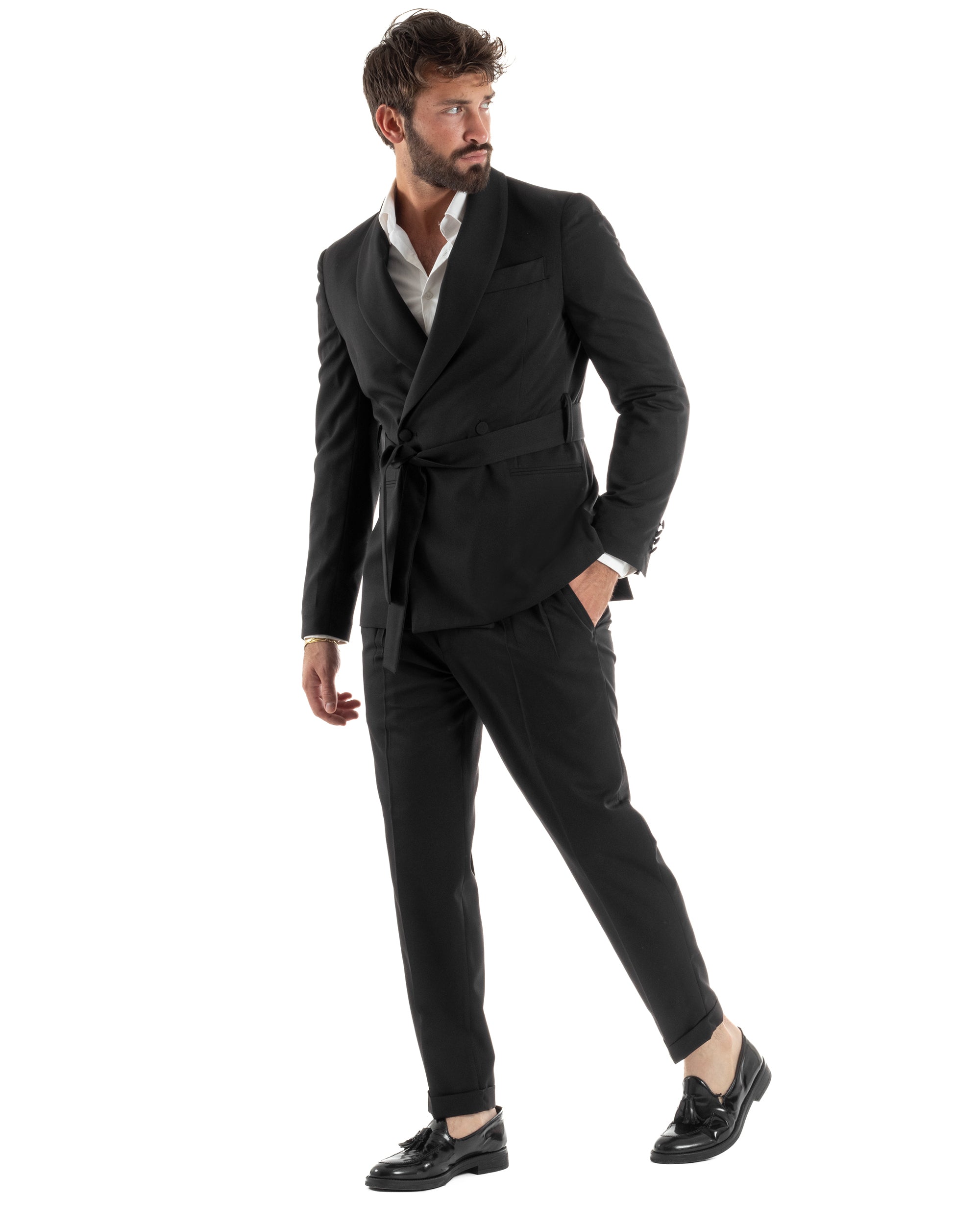Abito uomo completo doppiopetto rever scialle cintura pantaloni pinces nero BlackSunday AE1245A