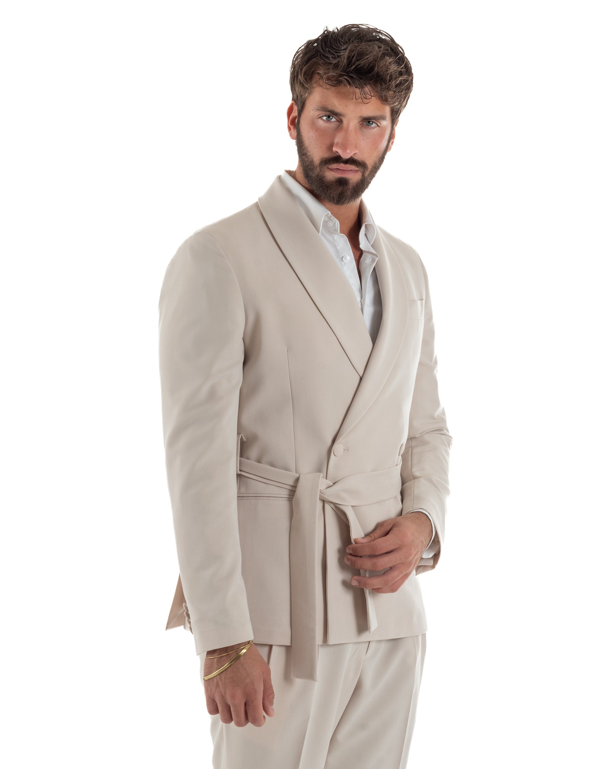 Abito uomo completo doppiopetto rever scialle cintura pantaloni pinces beige BlackSunday AE1246A