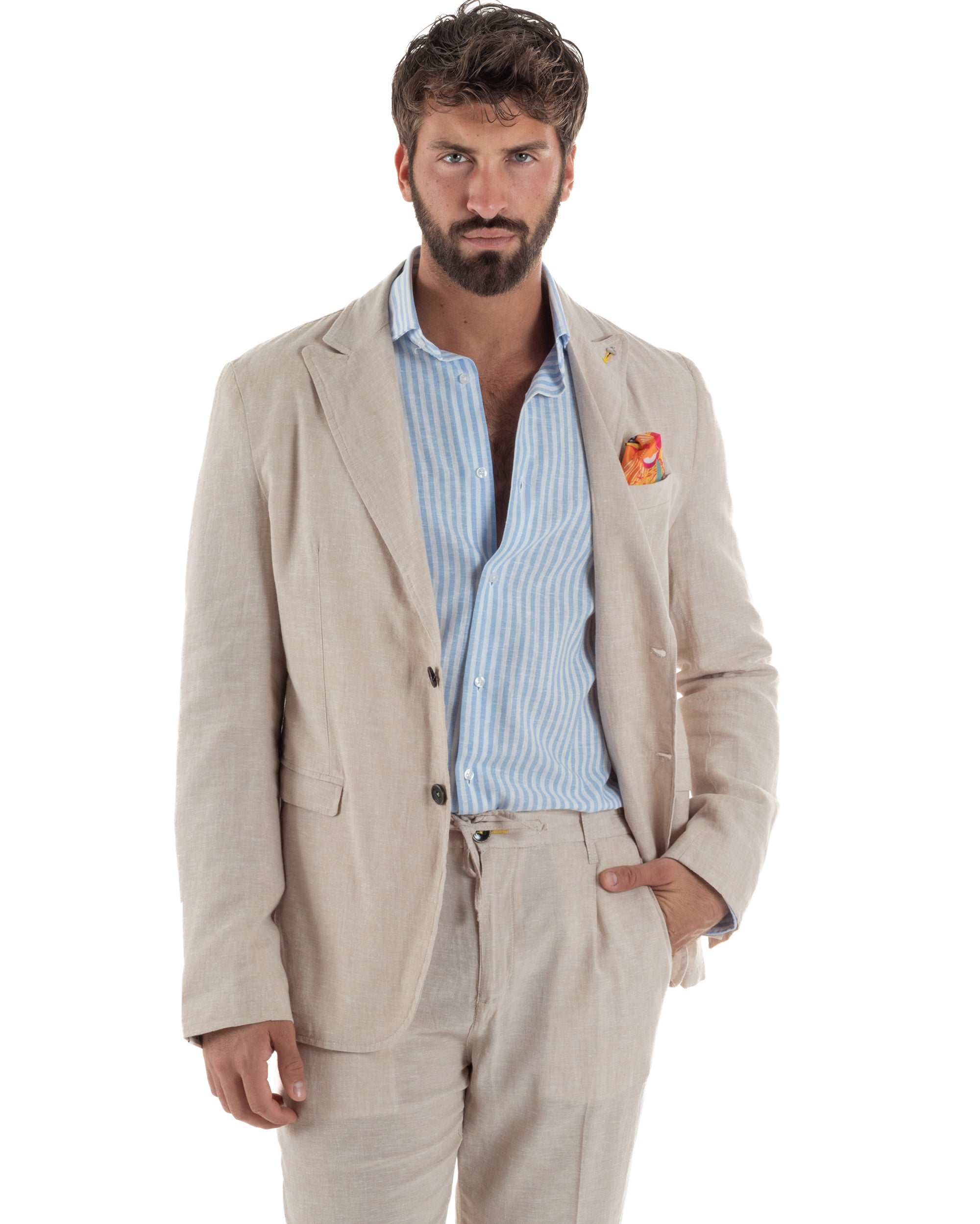Abito uomo completo lino giacca monopetto pantaloni pinces coulisse beige BERNA M-261359
