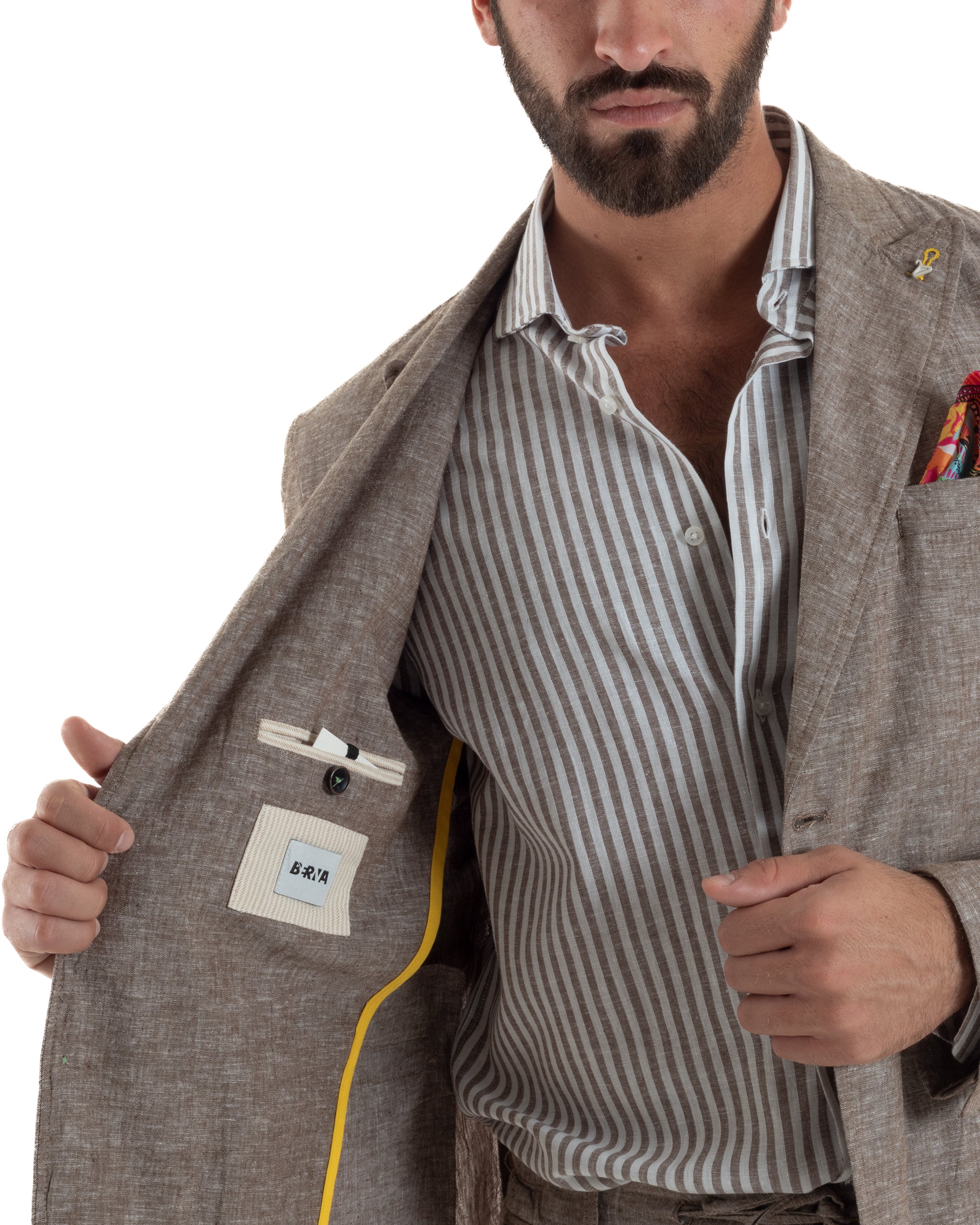Abito uomo completo lino giacca monopetto pantaloni pinces coulisse marrone BERNA M-261359