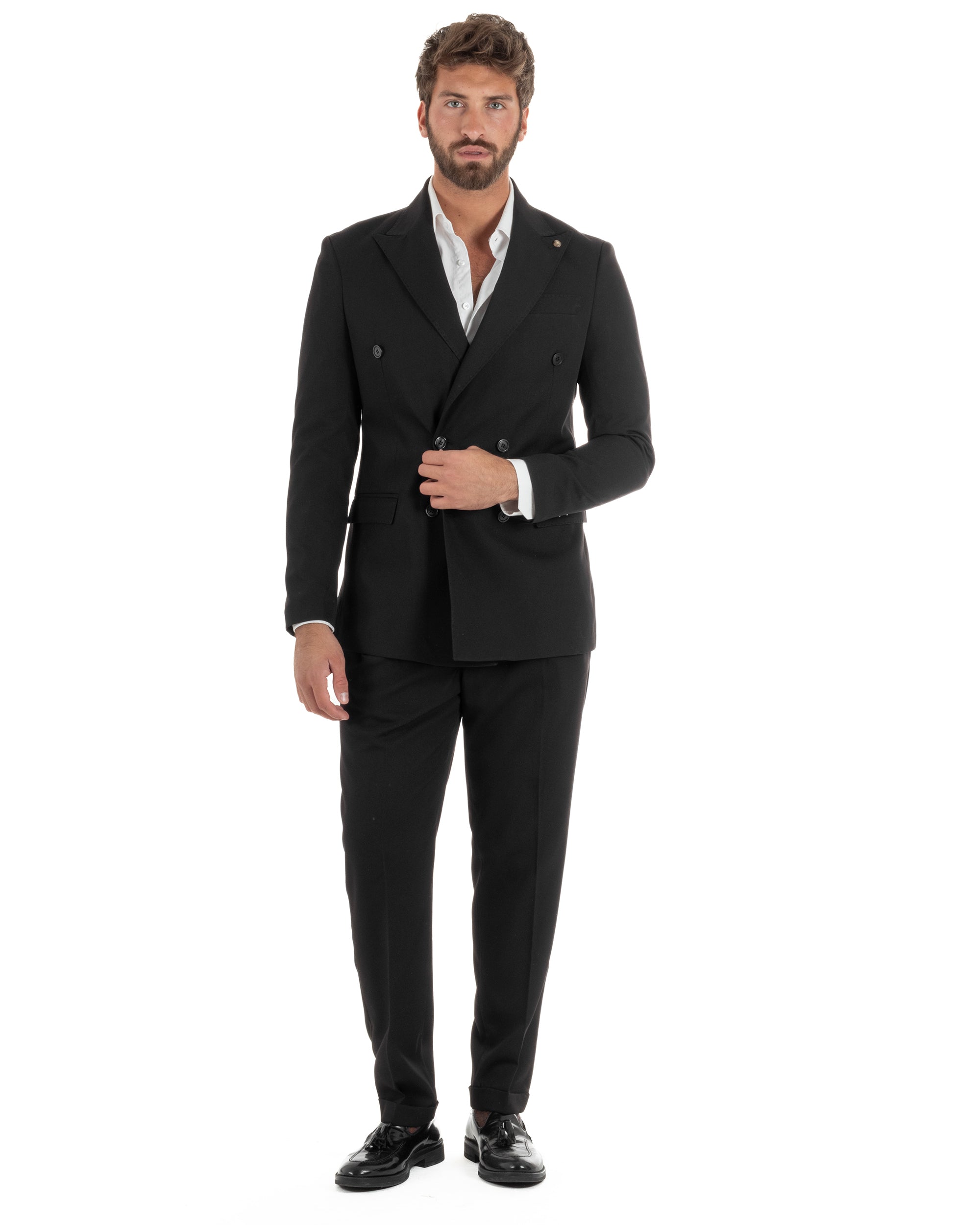 Abito uomo nero doppiopetto sartoriale giacca pantaloni pinces fibbia old money made in Italy