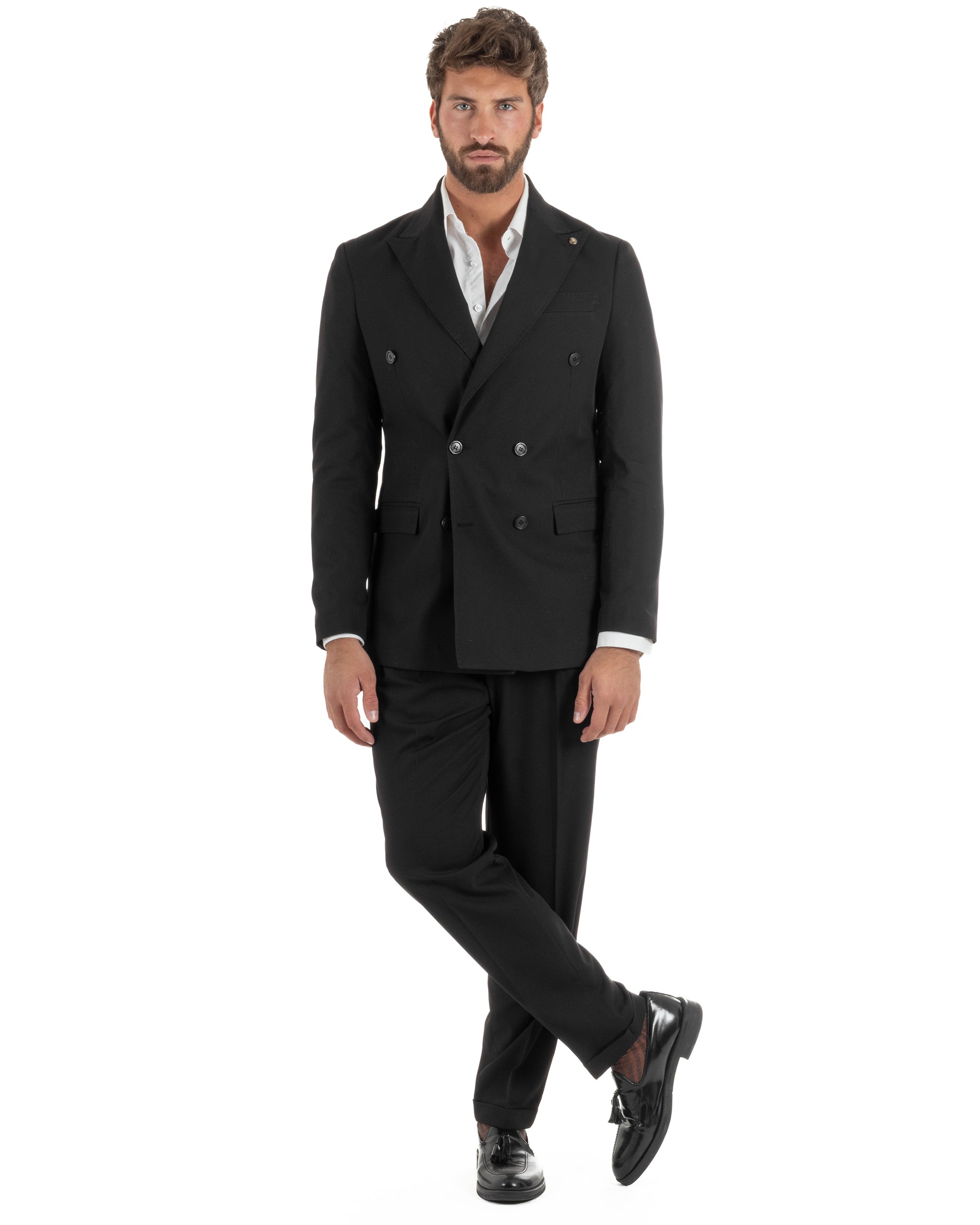 Abito uomo doppiopetto completo giacca pantaloni fibbia pinces nero GIOSAL-AE1249A