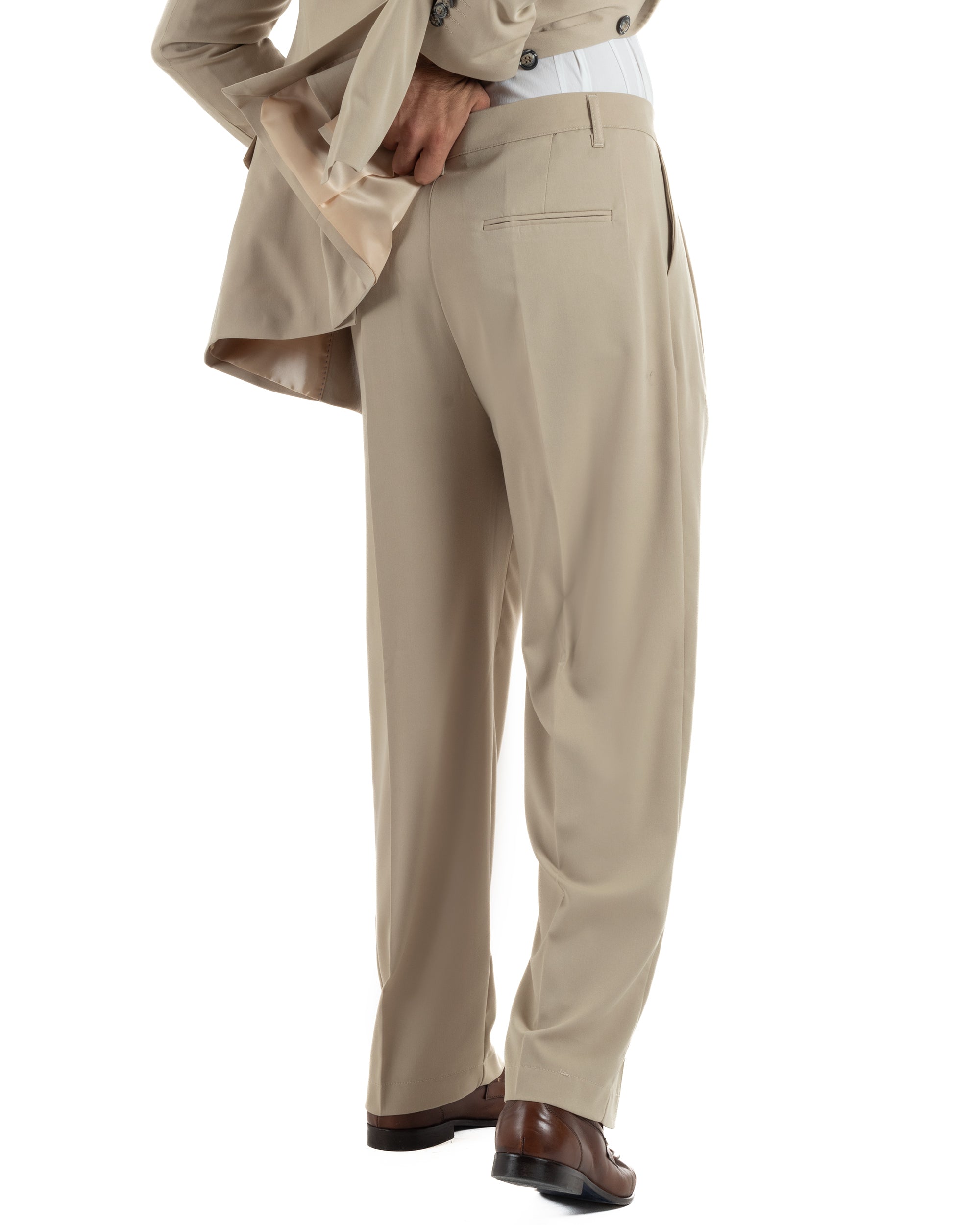 Pantaloni baggy beige pinces fondo ampio abito sartoriale uomo
