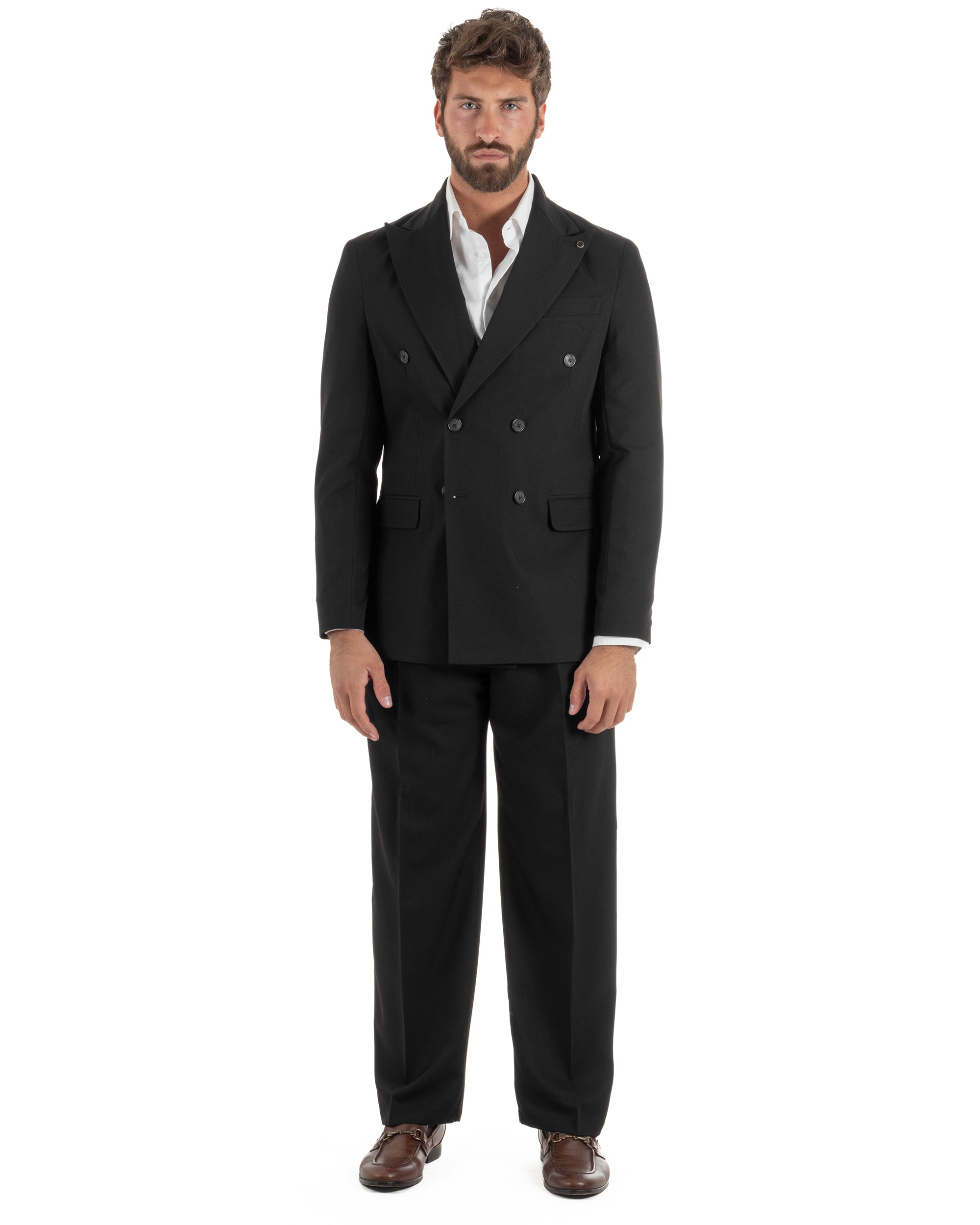 Completo uomo nero doppiopetto giacca rever lancia pantaloni baggy pinces sartoriale elegante
