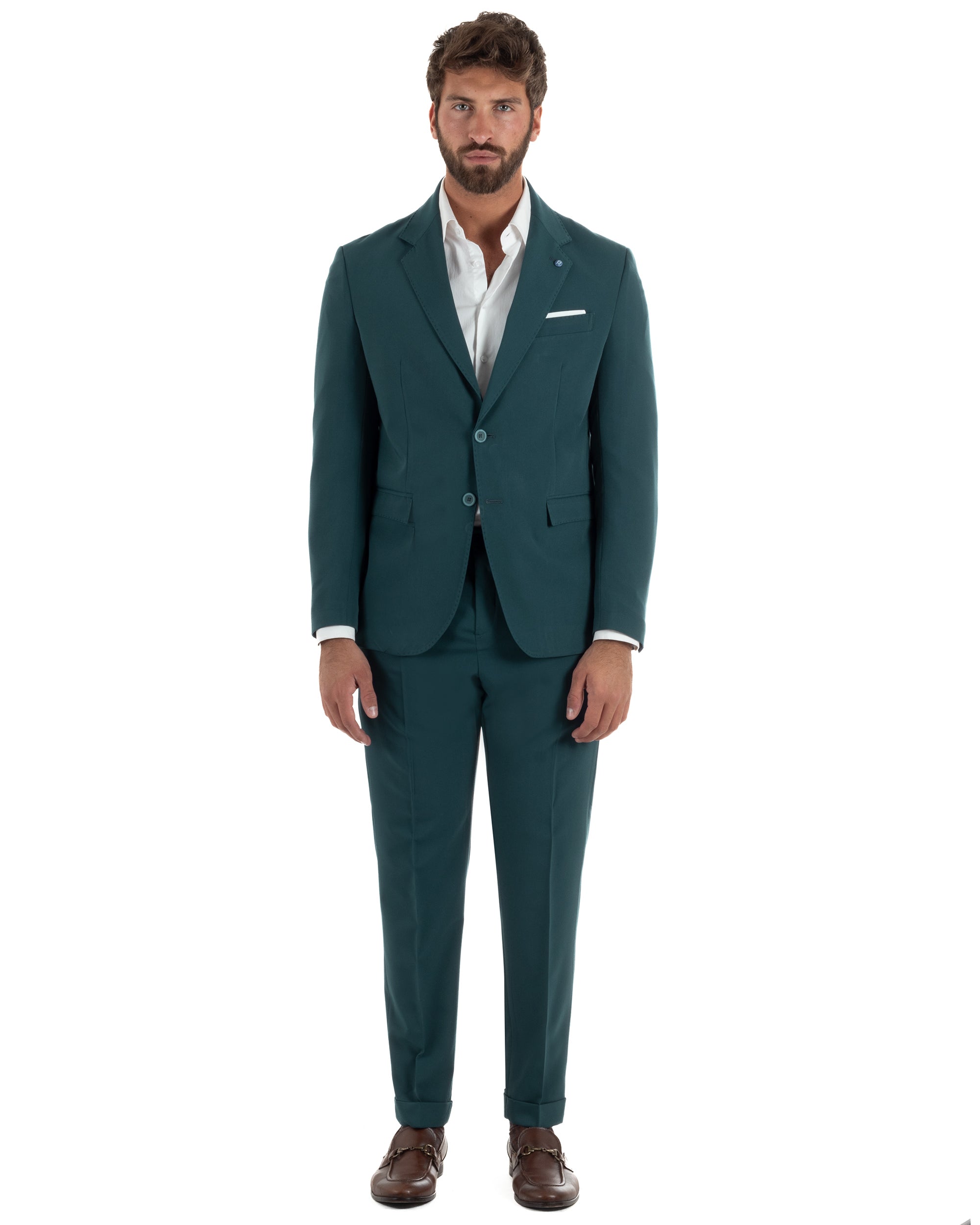 Abito monopetto petrolio uomo slim fit giacca strutturata pantaloni sartoriali evento formale