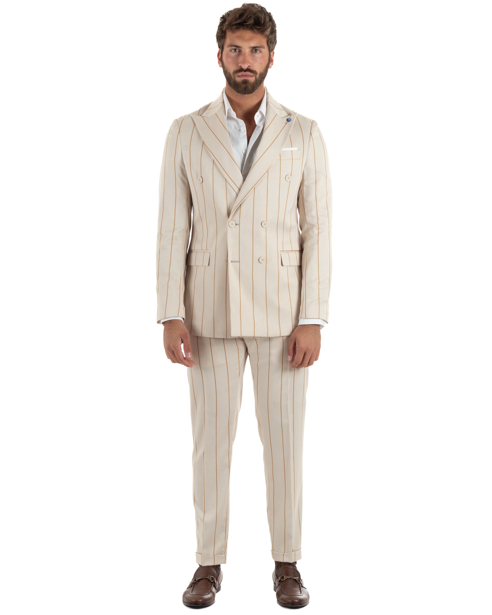 Completo uomo beige gessato doppiopetto giacca rever lancia pantaloni affusolati cerimonia elegante