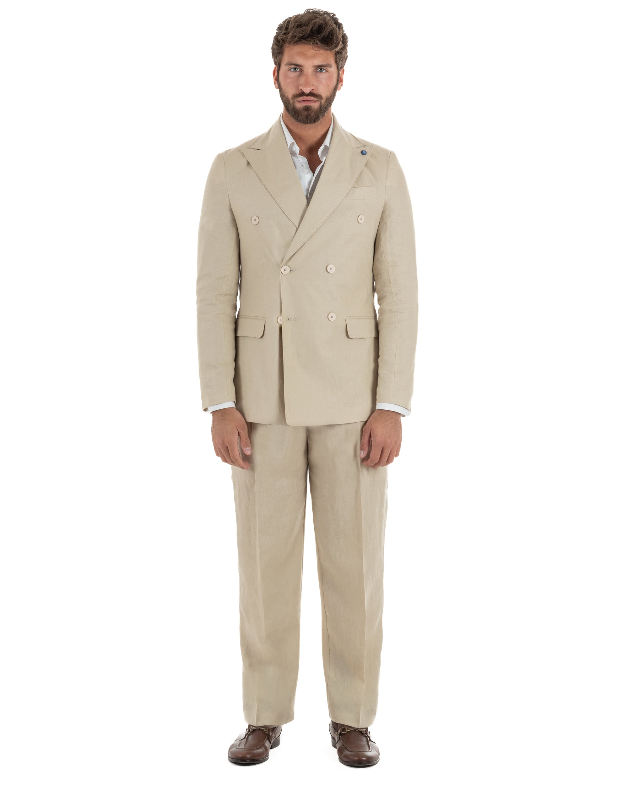 Abito uomo doppiopetto lino completo giacca pantaloni baggy pinces beige GIOSAL-AE1258A