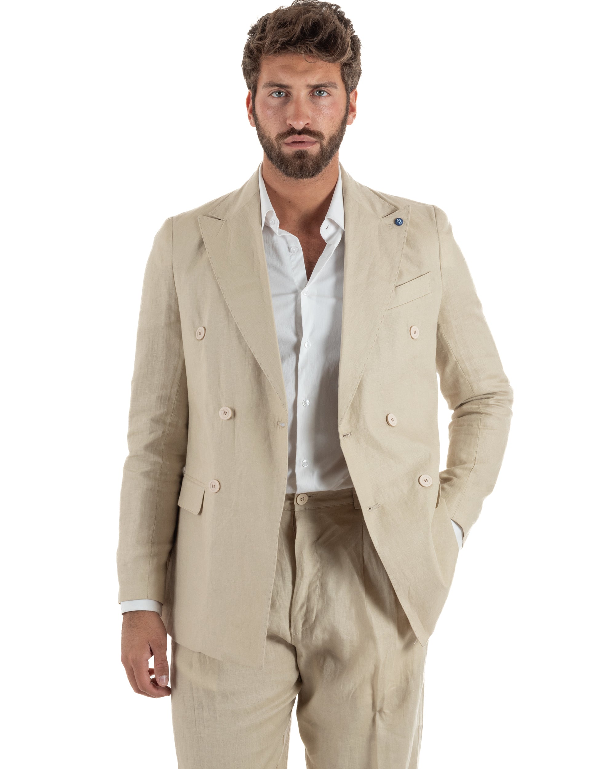 Abito uomo doppiopetto lino completo giacca pantaloni baggy pinces beige GIOSAL-AE1258A