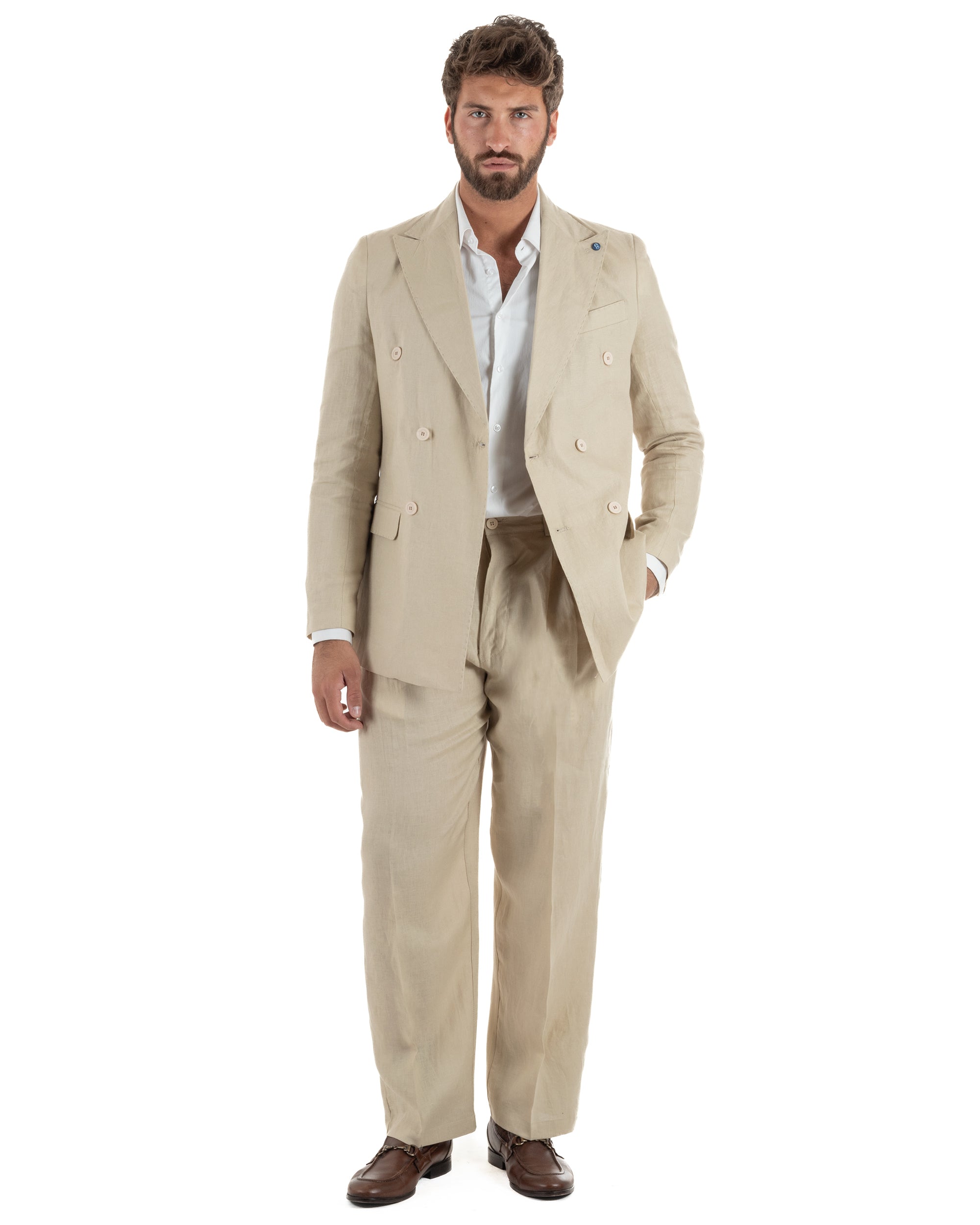 Abito uomo doppiopetto lino completo giacca pantaloni baggy pinces beige GIOSAL-AE1258A