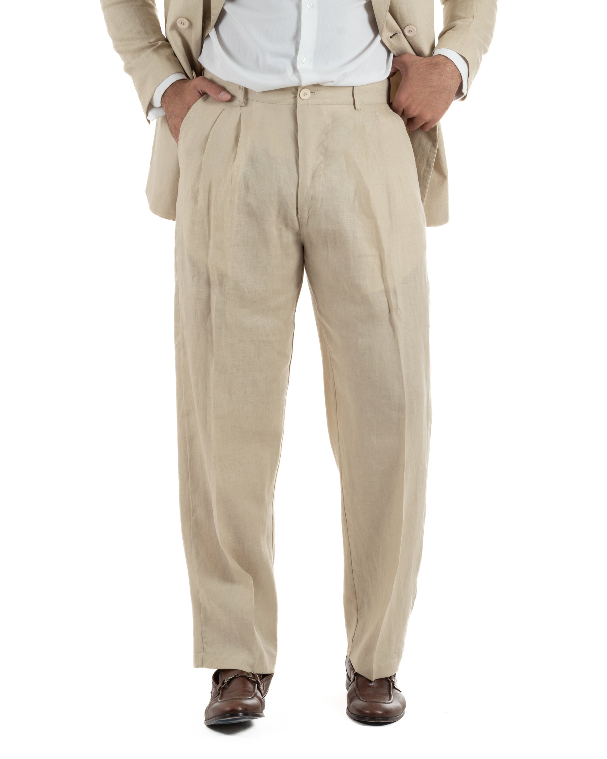 Abito uomo doppiopetto lino completo giacca pantaloni baggy pinces beige GIOSAL-AE1258A