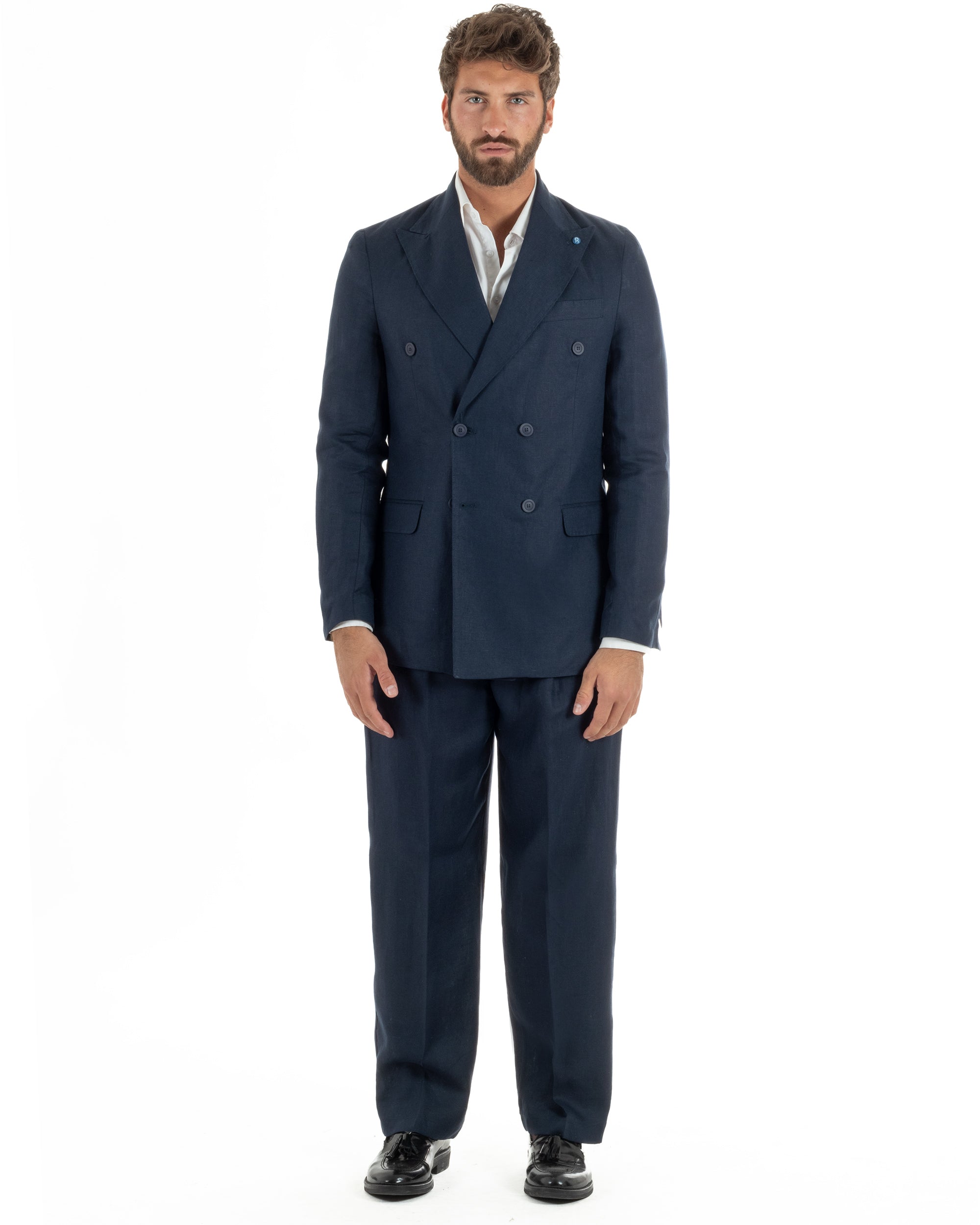 Abito uomo doppiopetto lino completo giacca pantaloni baggy pinces blu GIOSAL-AE1259A