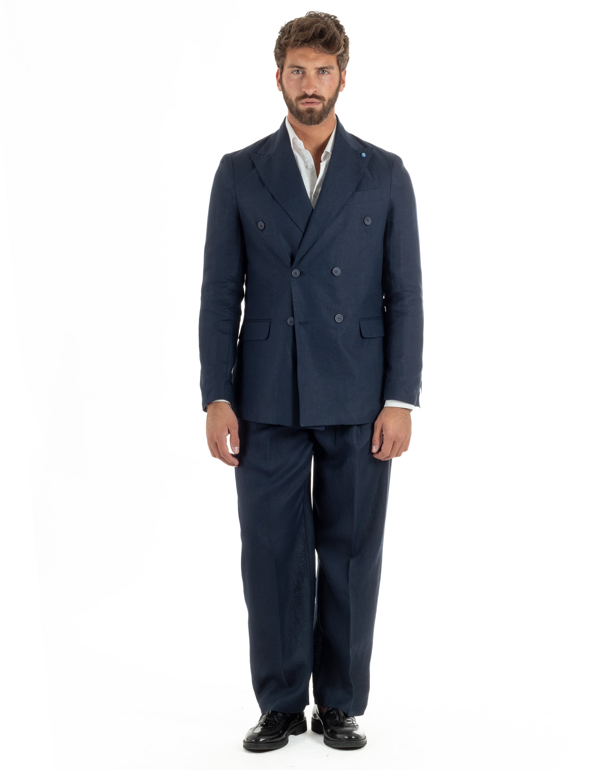 Abito uomo doppiopetto lino completo giacca pantaloni baggy pinces blu GIOSAL-AE1259A