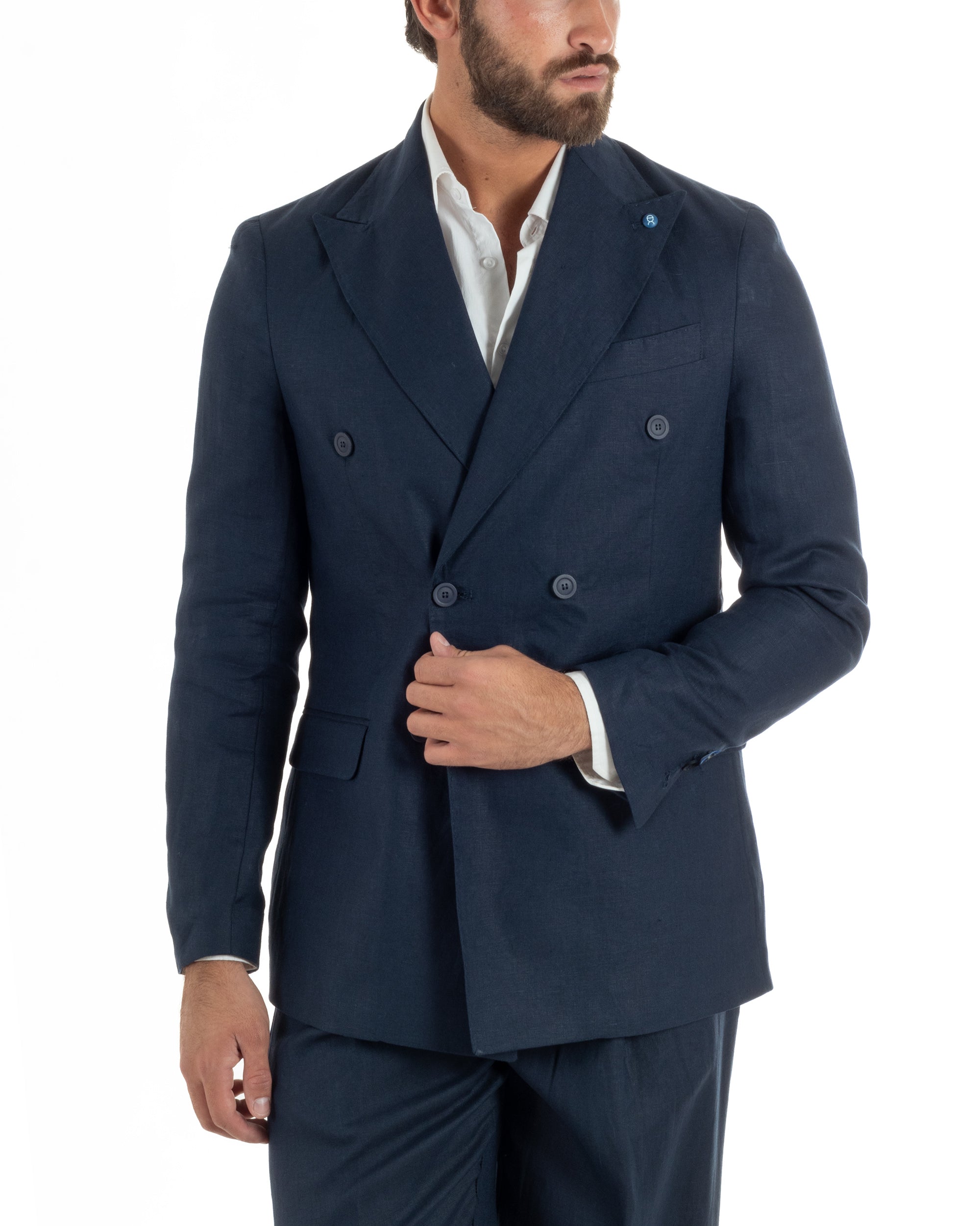 Abito uomo doppiopetto lino completo giacca pantaloni baggy pinces blu GIOSAL-AE1259A