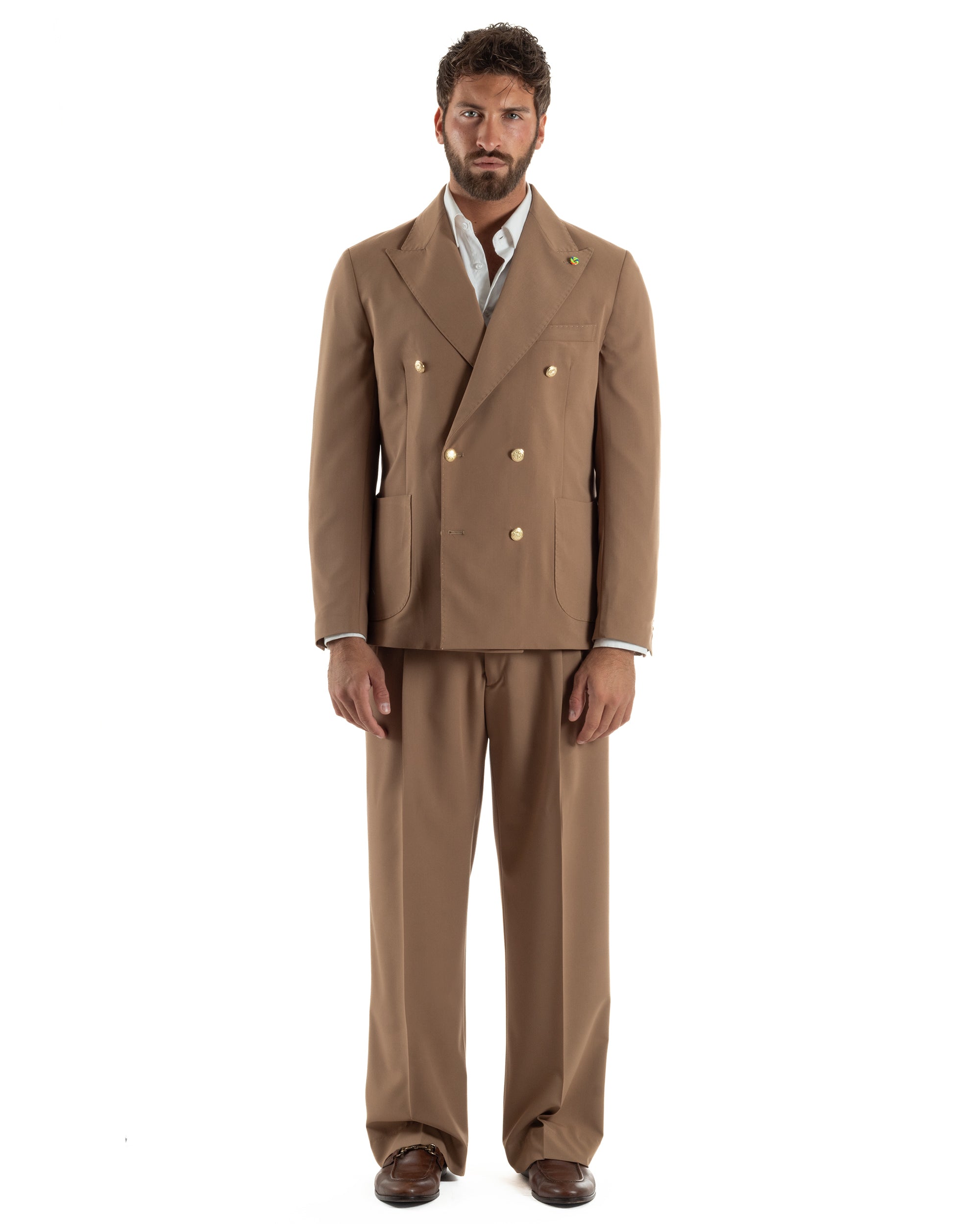 Abito uomo doppiopetto completo oversize giacca bottoni oro pantaloni baggy marrone BlackSunday AE1260A