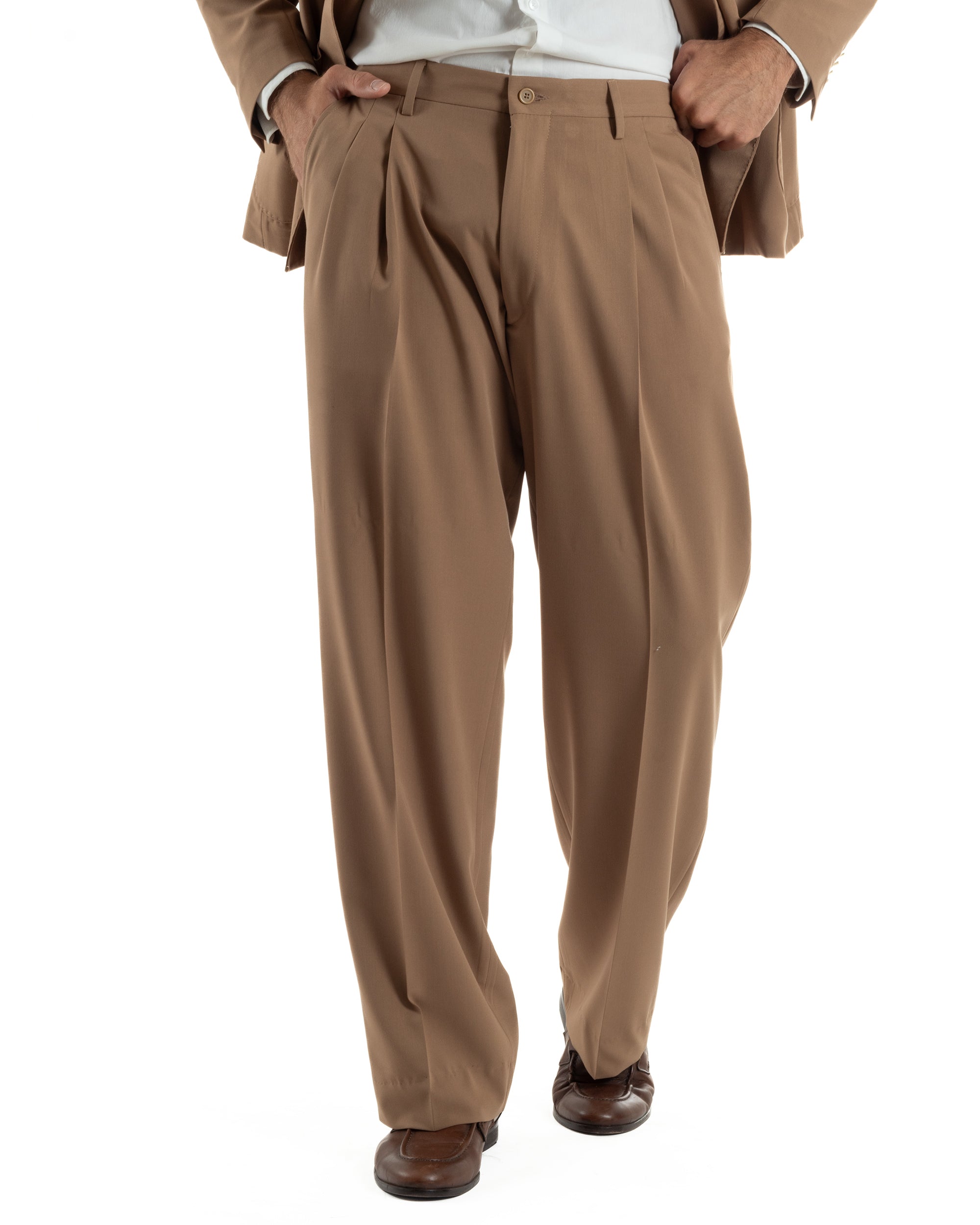 Abito uomo doppiopetto completo oversize giacca bottoni oro pantaloni baggy marrone BlackSunday AE1260A