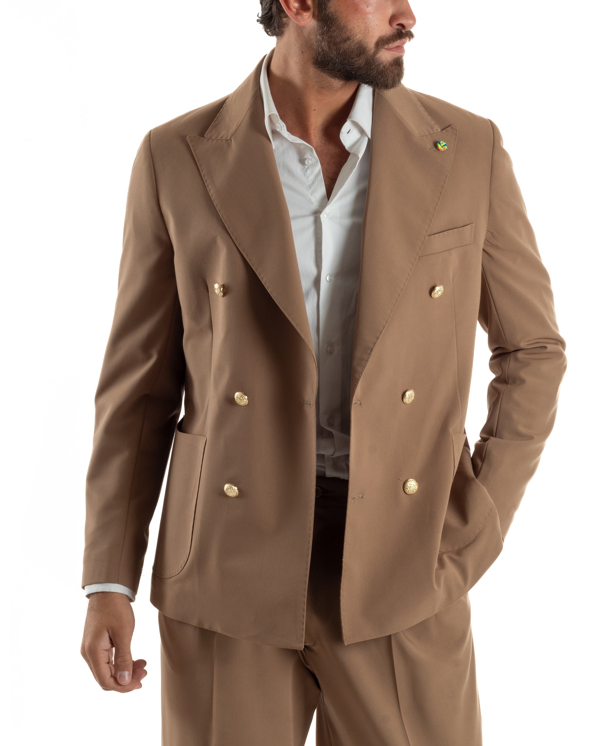 Abito uomo doppiopetto completo oversize giacca bottoni oro pantaloni baggy marrone BlackSunday AE1260A