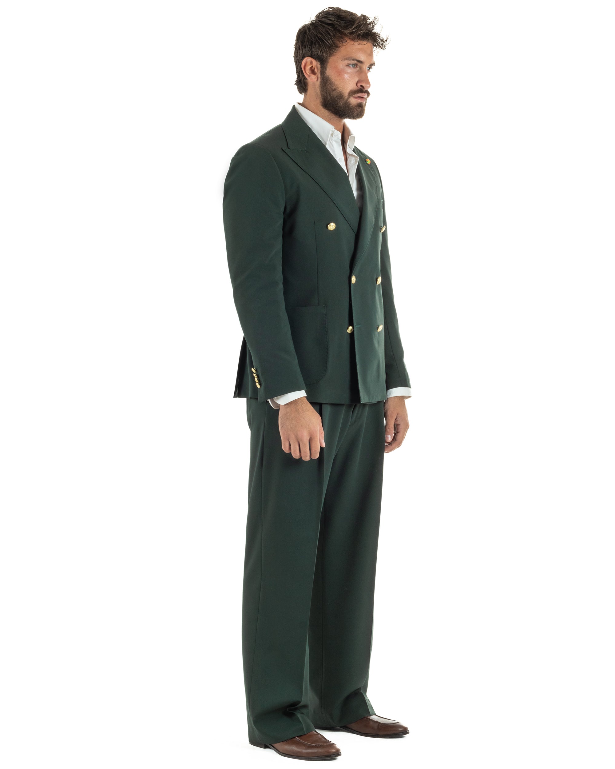 Abito uomo doppiopetto completo oversize giacca bottoni oro pantaloni baggy verde BlackSunday AE1261A