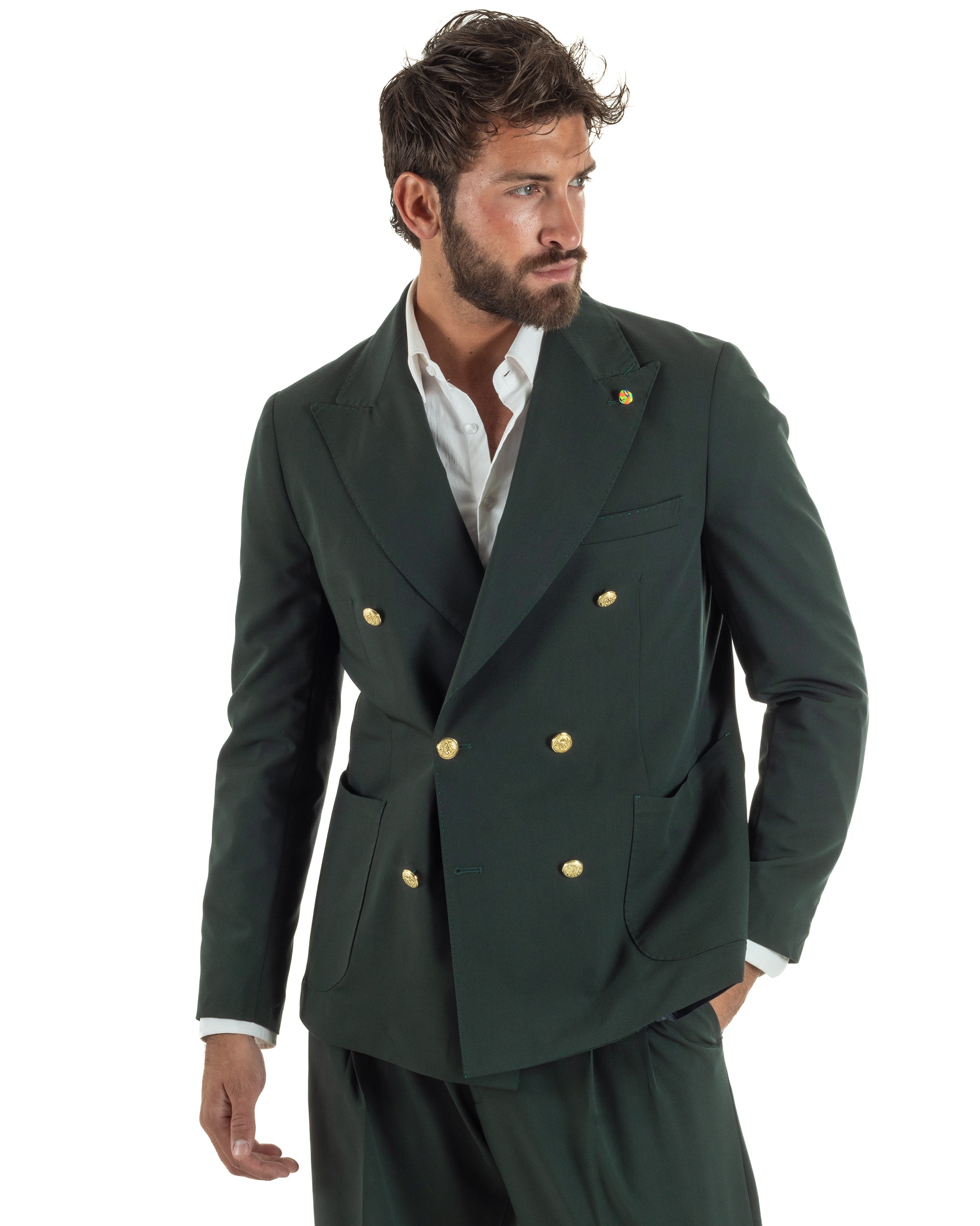 Abito uomo doppiopetto completo oversize giacca bottoni oro pantaloni baggy verde BlackSunday AE1261A