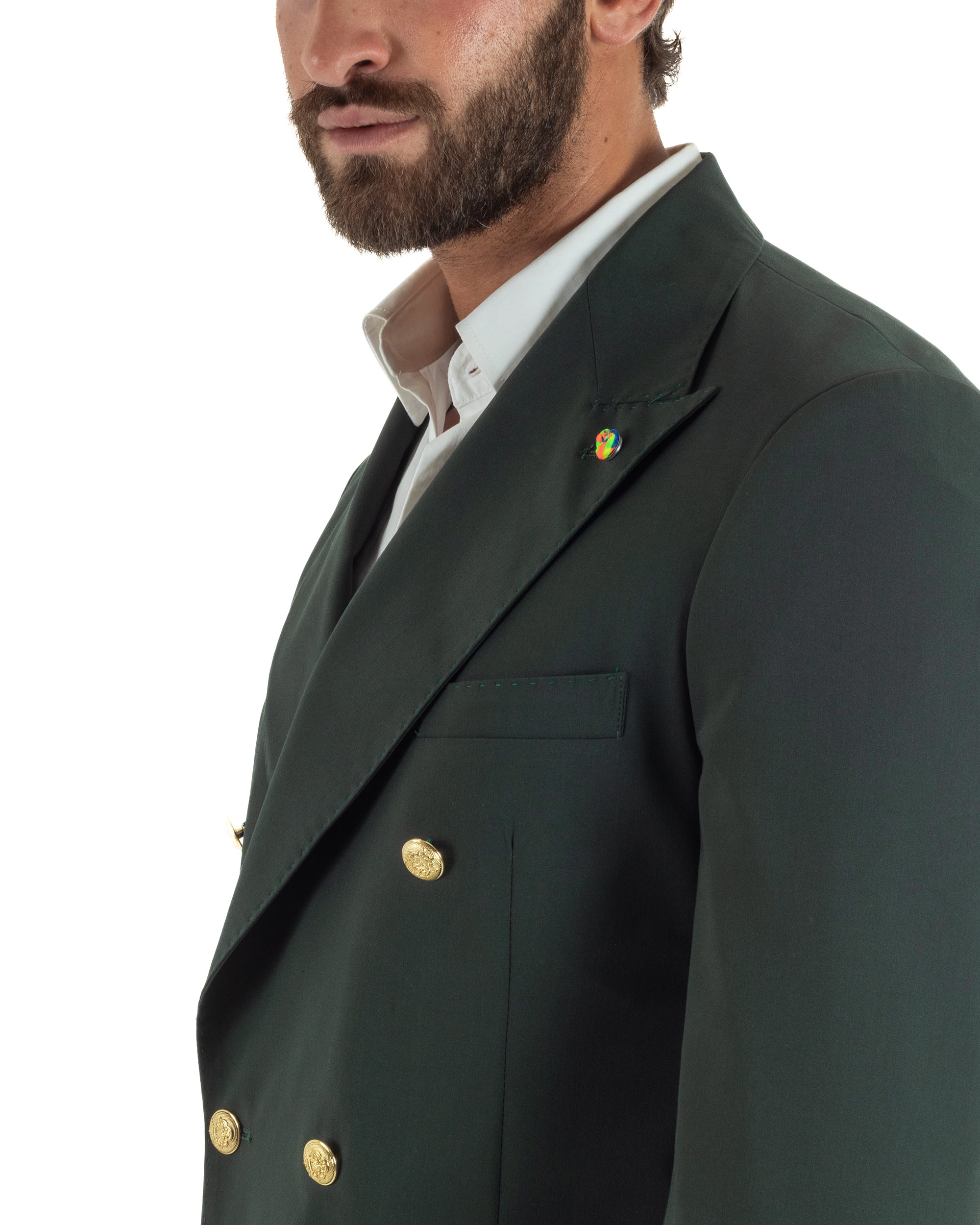 Abito uomo doppiopetto completo oversize giacca bottoni oro pantaloni baggy verde BlackSunday AE1261A