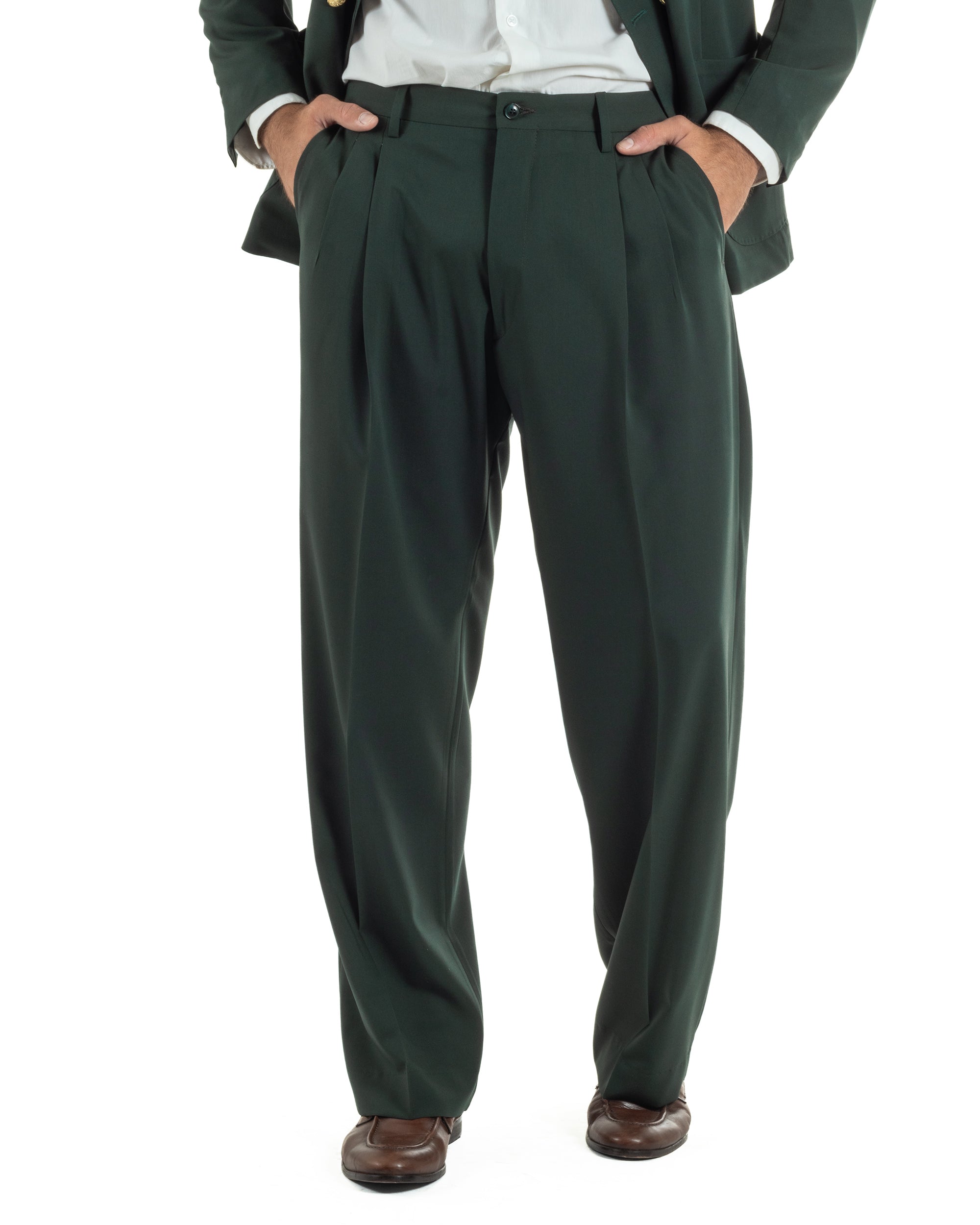 Abito uomo doppiopetto completo oversize giacca bottoni oro pantaloni baggy verde BlackSunday AE1261A