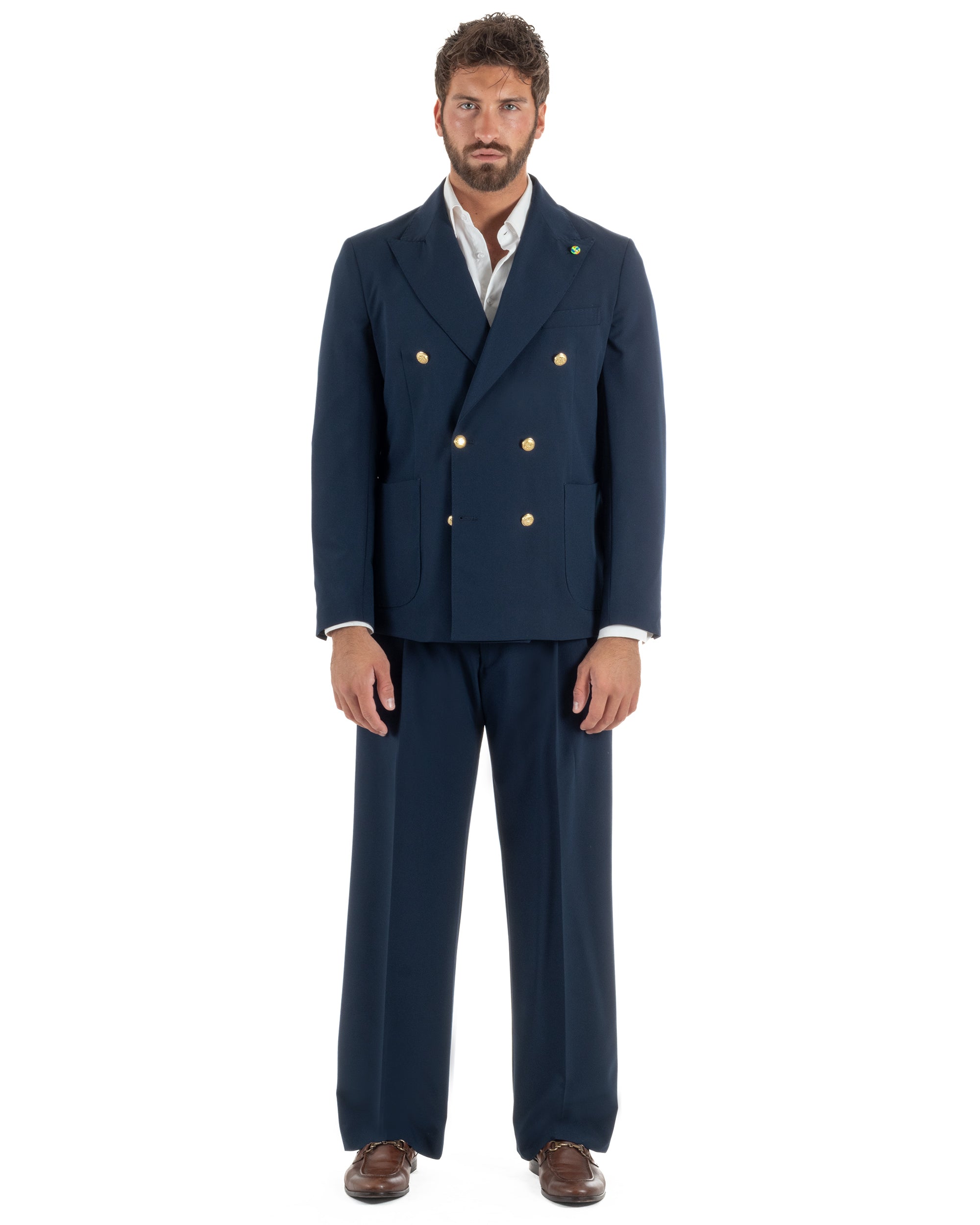 Abito uomo doppiopetto completo oversize giacca bottoni oro pantaloni baggy blu BlackSunday AE1262A
