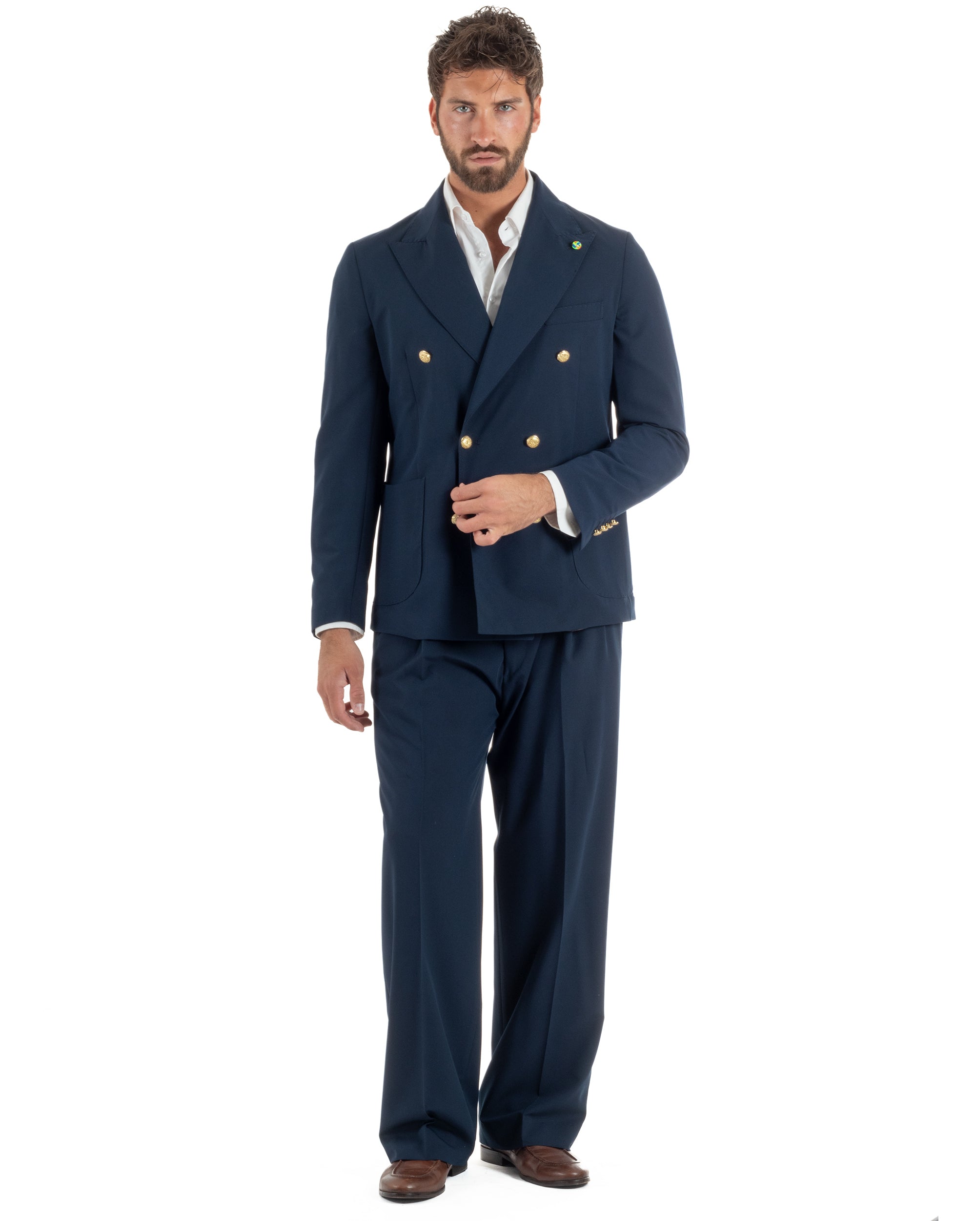 Abito uomo doppiopetto completo oversize giacca bottoni oro pantaloni baggy blu BlackSunday AE1262A