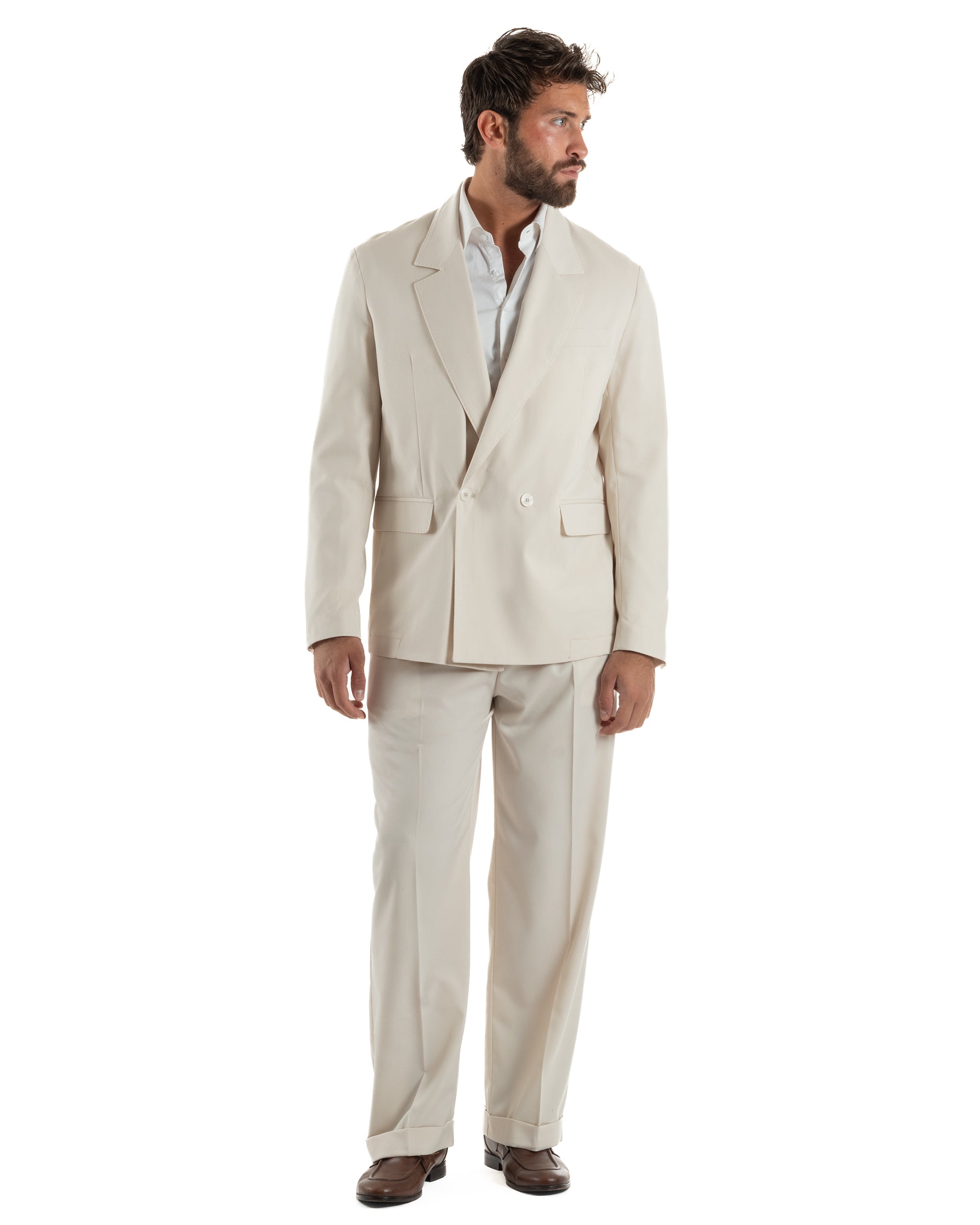 Abito uomo doppiopetto completo giacca 2 bottoni pantaloni baggy panna BlackSunday AE1264A