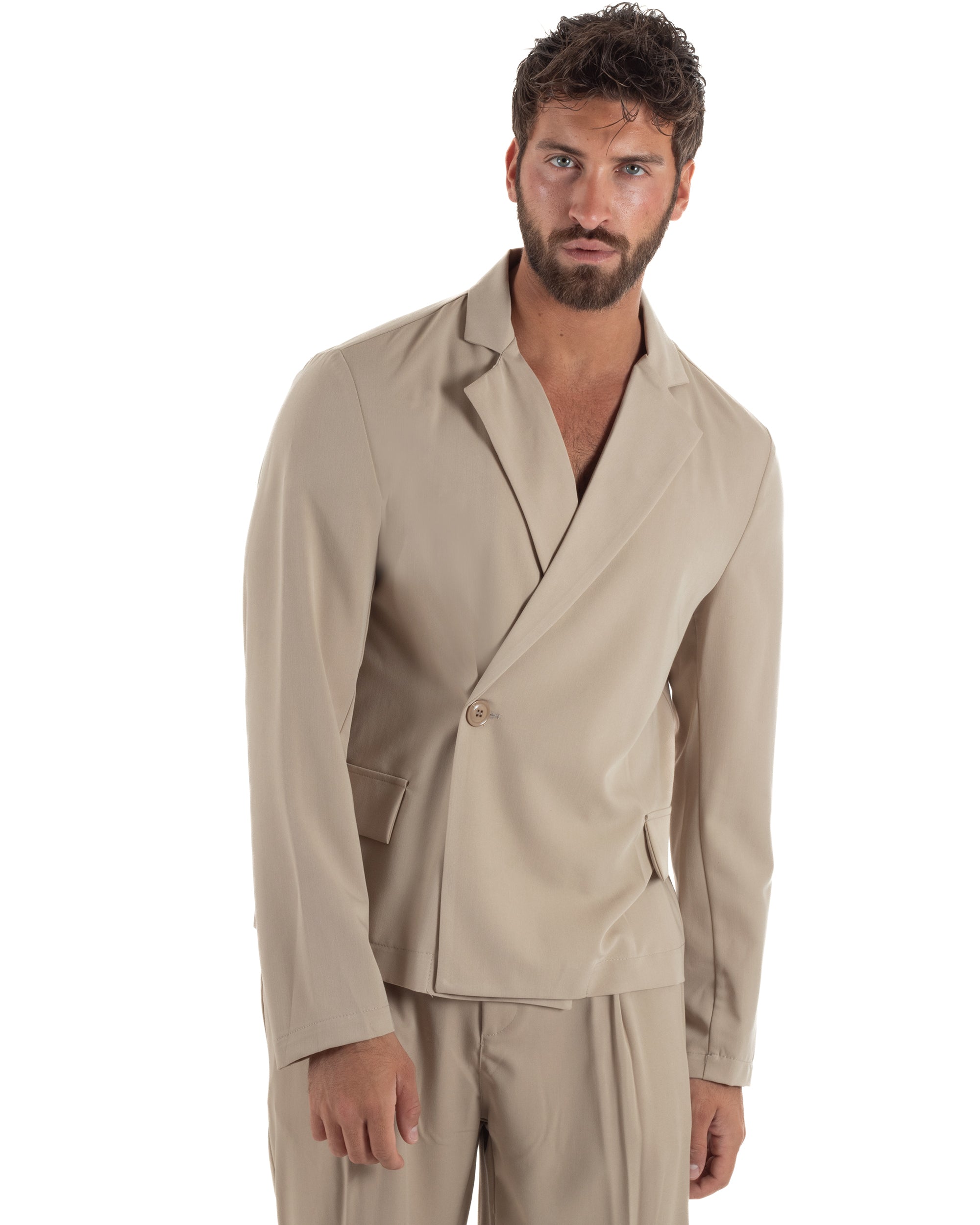 Abito uomo doppiopetto asimettrico completo relaxed fit giacca crop pantaloni baggy beige GIOSAL-AE1265A