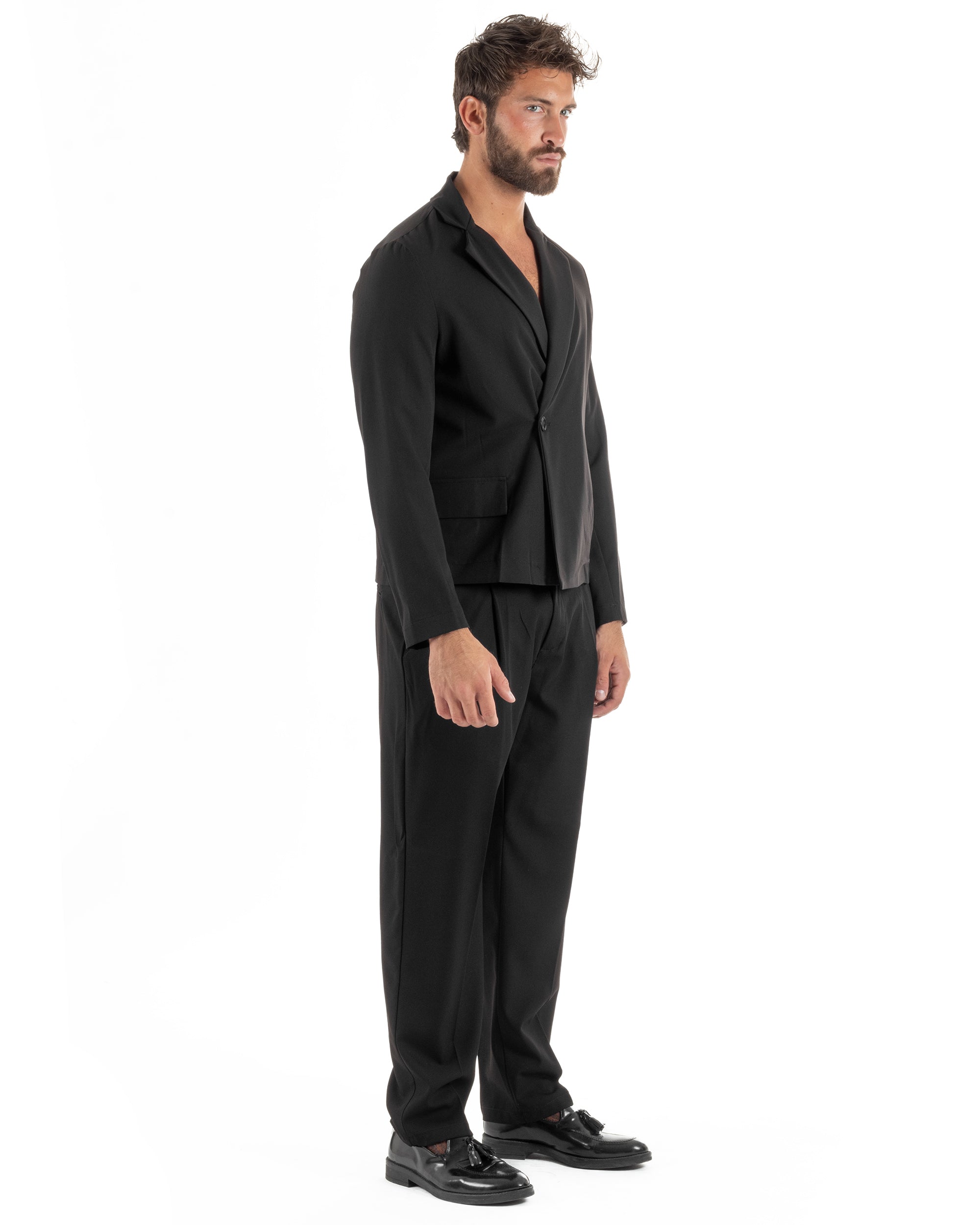 Abito uomo doppiopetto asimettrico completo relaxed fit giacca crop pantaloni baggy nero GIOSAL-AE1266A