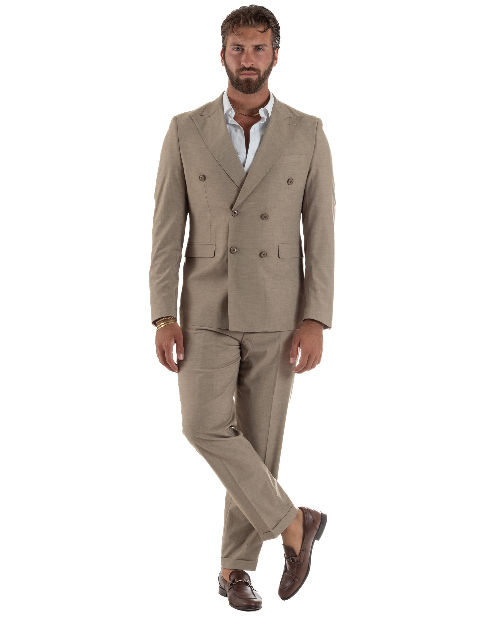 Abito uomo doppiopetto completo viscosa giacca pantaloni elegante fango melangiato GIOSAL-AE1268A