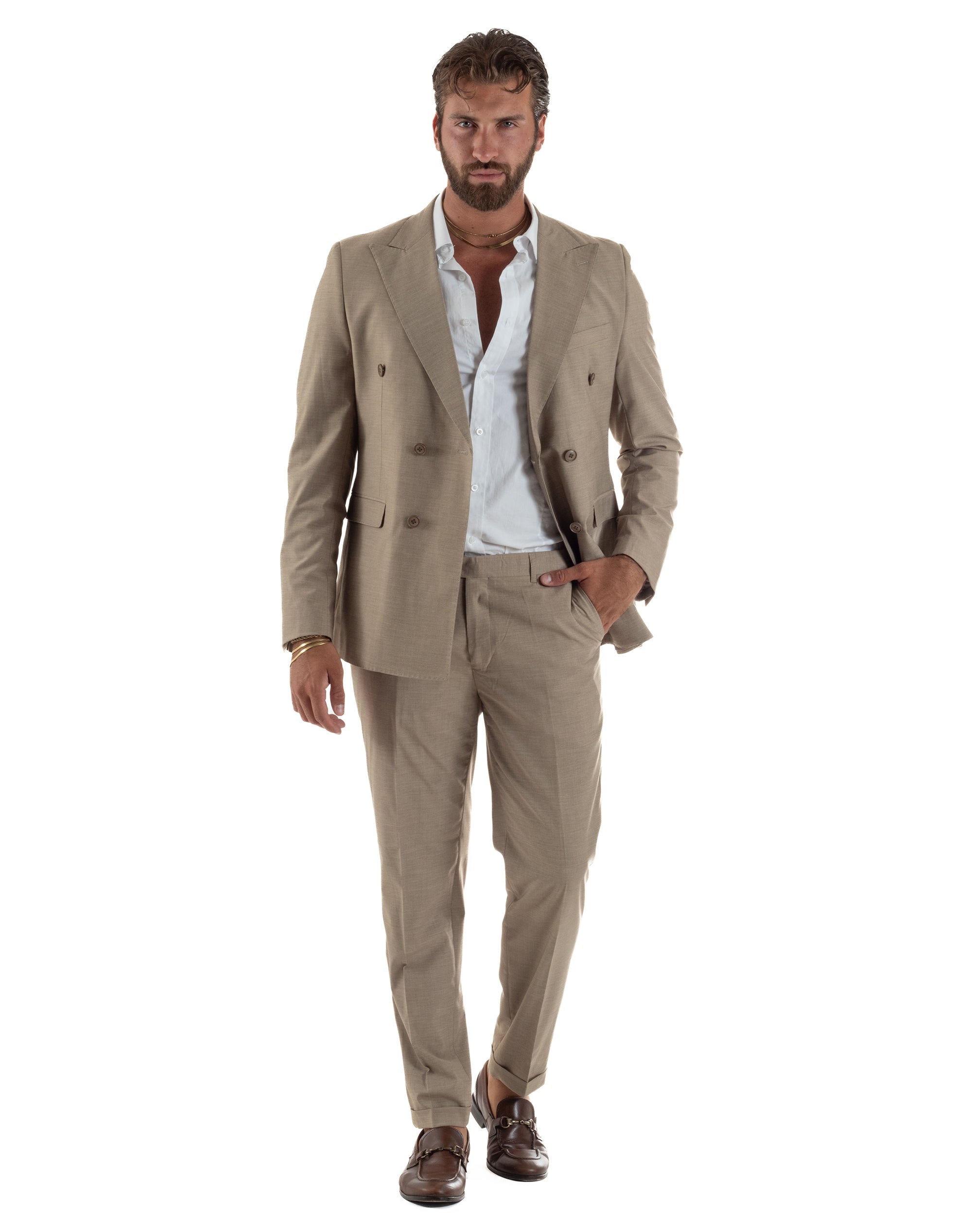 Abito uomo doppiopetto completo viscosa giacca pantaloni elegante fango melangiato GIOSAL-AE1268A