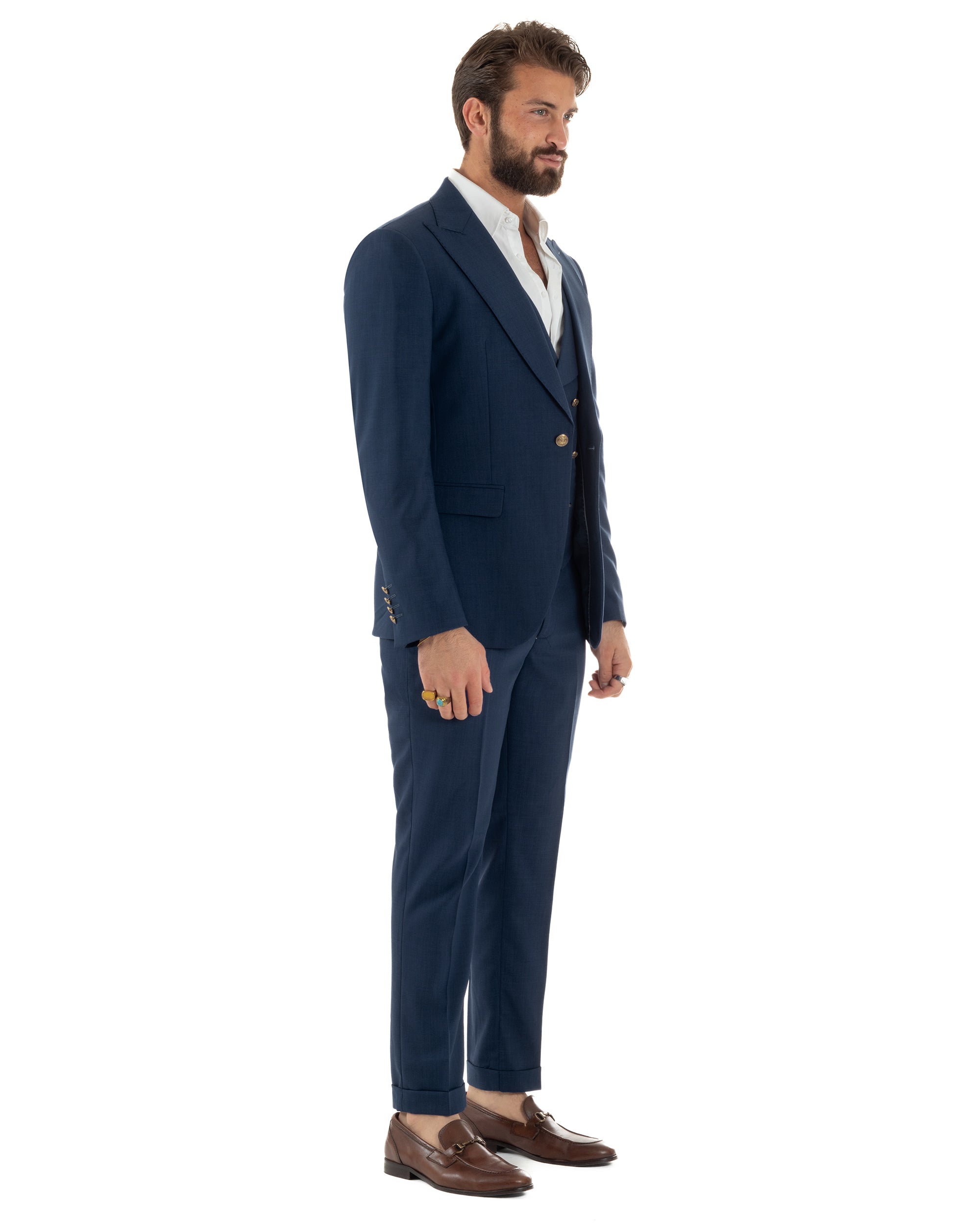 Abito uomo vestito monopetto 3 pezzi panciotto bottoni oro blu GIOSAL-AE1269A