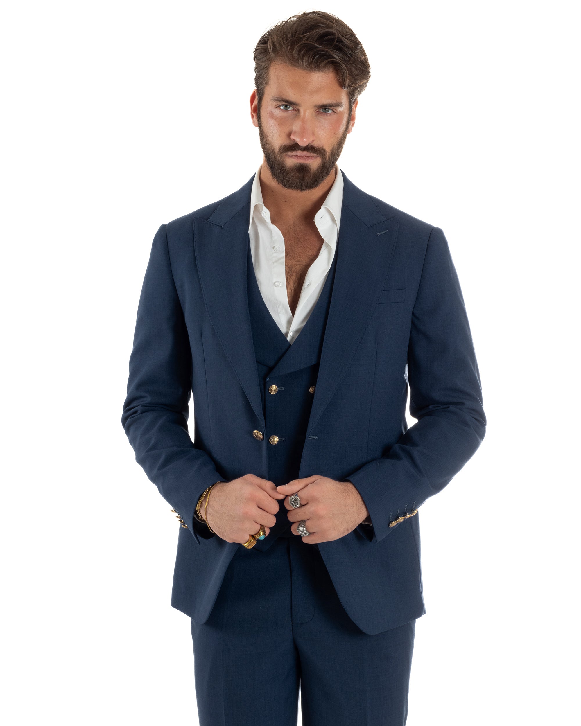 Abito uomo vestito monopetto 3 pezzi panciotto bottoni oro blu GIOSAL-AE1269A