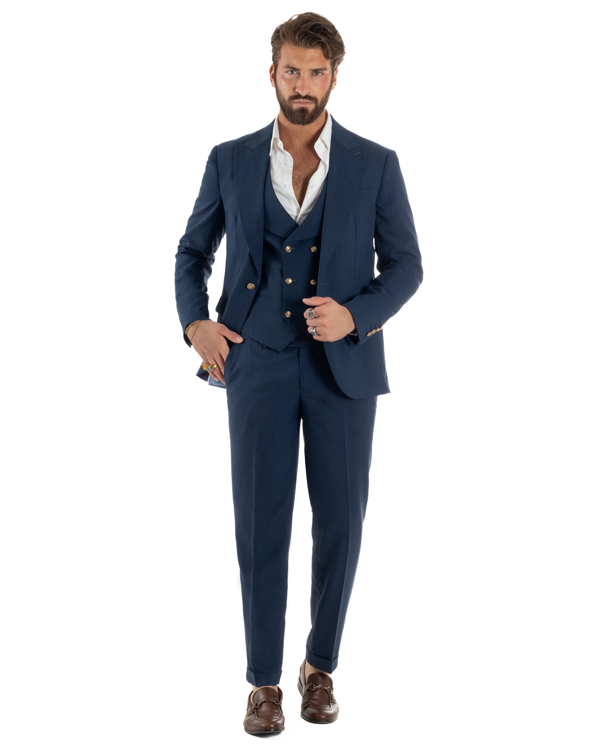 Abito uomo vestito monopetto 3 pezzi panciotto bottoni oro blu GIOSAL-AE1269A