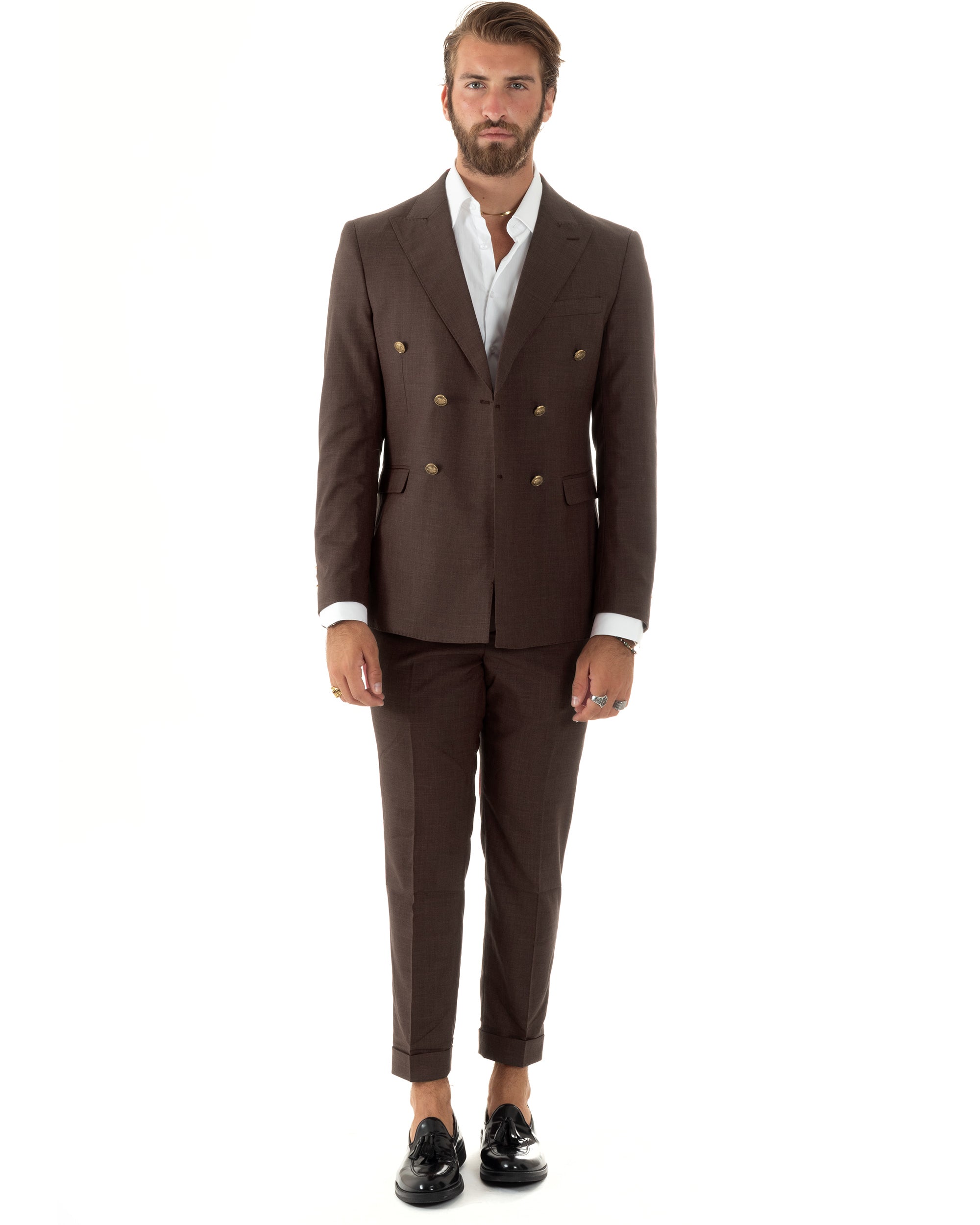Abito uomo doppiopetto completo giacca pantaloni bottoni metallo marrone melangiato GIOSAL-AE1270A