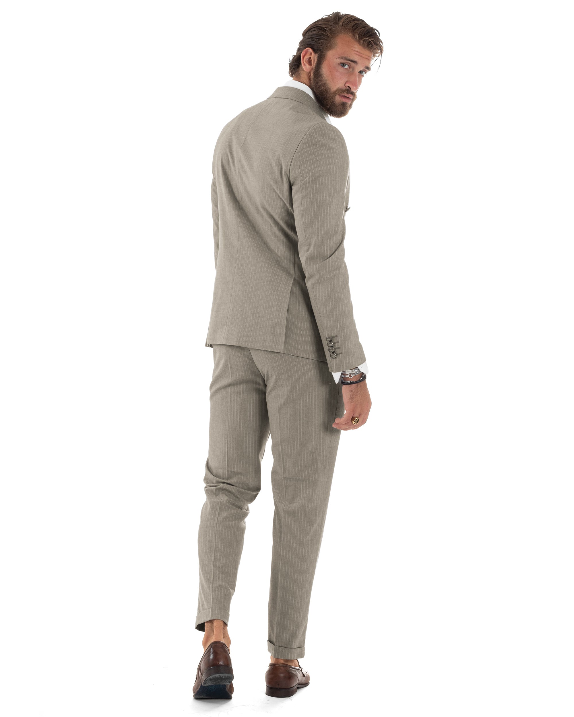 Abito uomo doppiopetto vestito completo rigato giacca pantaloni bottoni metallo fantasia gessata tortora GIOSAL-AE1272A
