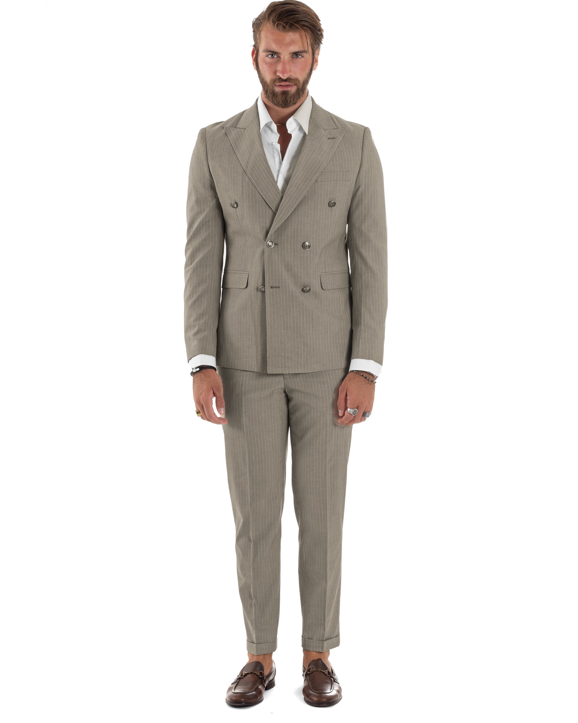 Abito uomo doppiopetto vestito completo rigato giacca pantaloni bottoni metallo fantasia gessata tortora GIOSAL-AE1272A