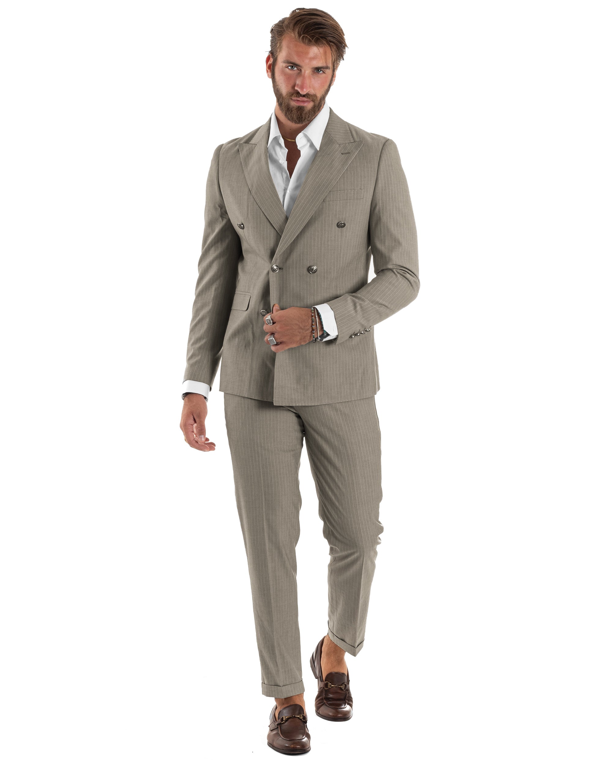 Abito uomo doppiopetto vestito completo rigato giacca pantaloni bottoni metallo fantasia gessata tortora GIOSAL-AE1272A