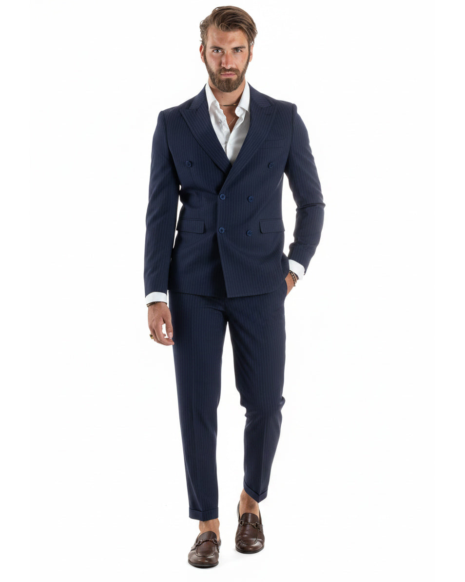 Abito uomo doppiopetto sartoriale rigato giacca pantaloni fantasia gessata blu GIOSAL-AE1276A